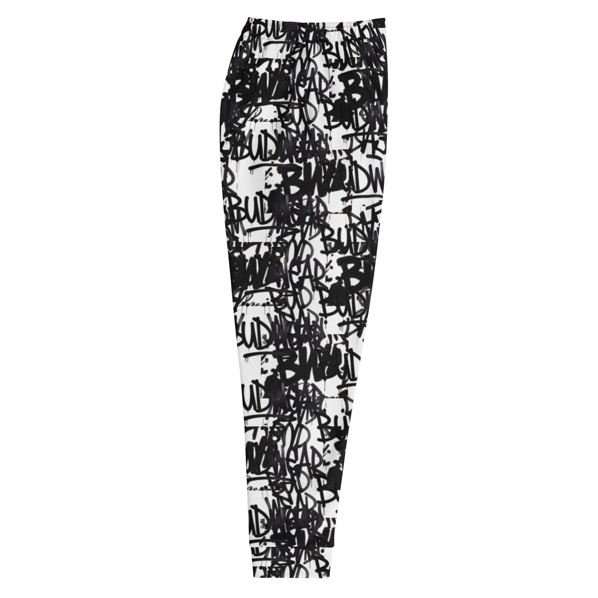 All-over print white men's BudWear Signature joggers, recycled fabric, casual cut-sew style, featuring colorful design details.