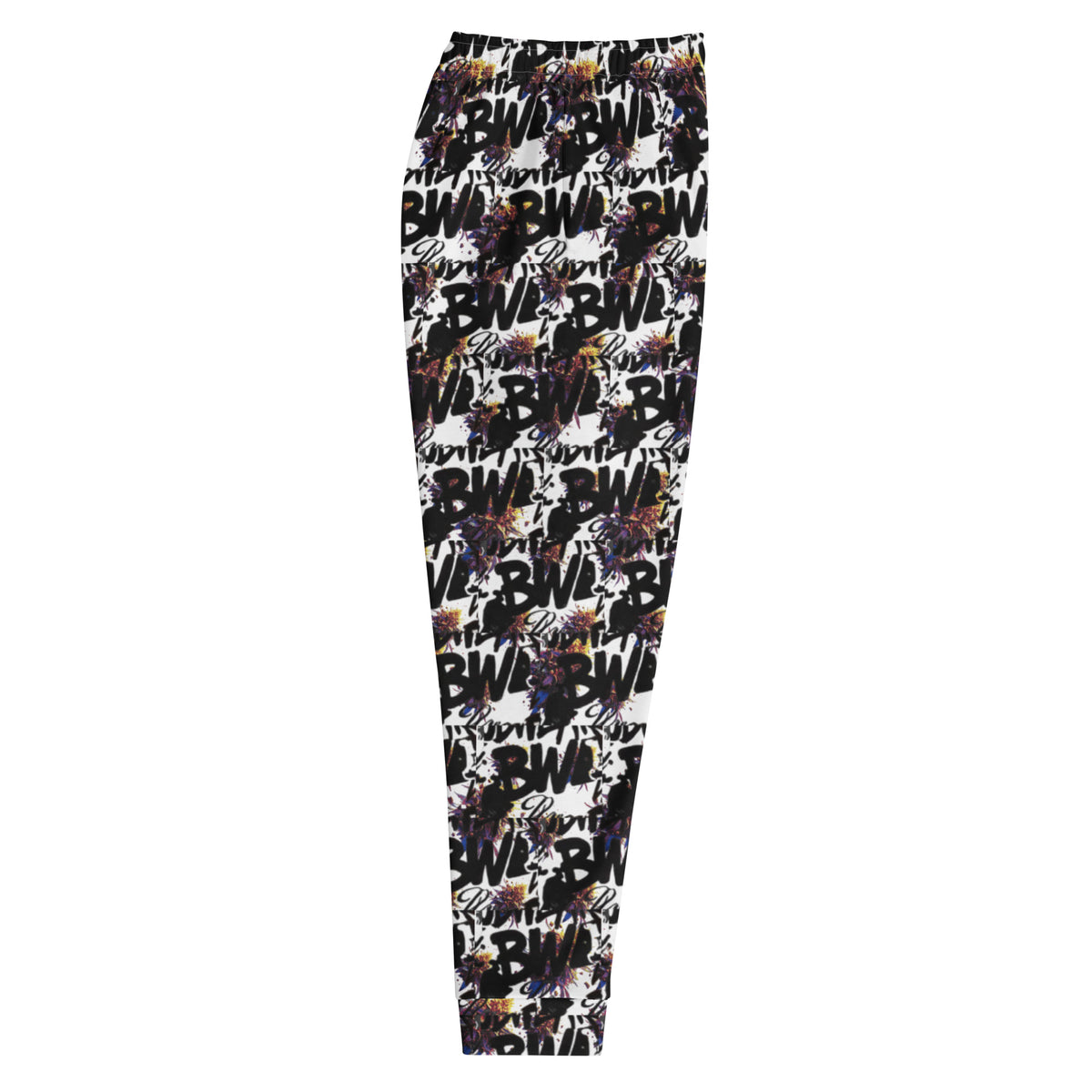 Men's white all-over-print recycled joggers by BudWear, featuring a stylish cut-sew design with vibrant graphic details.