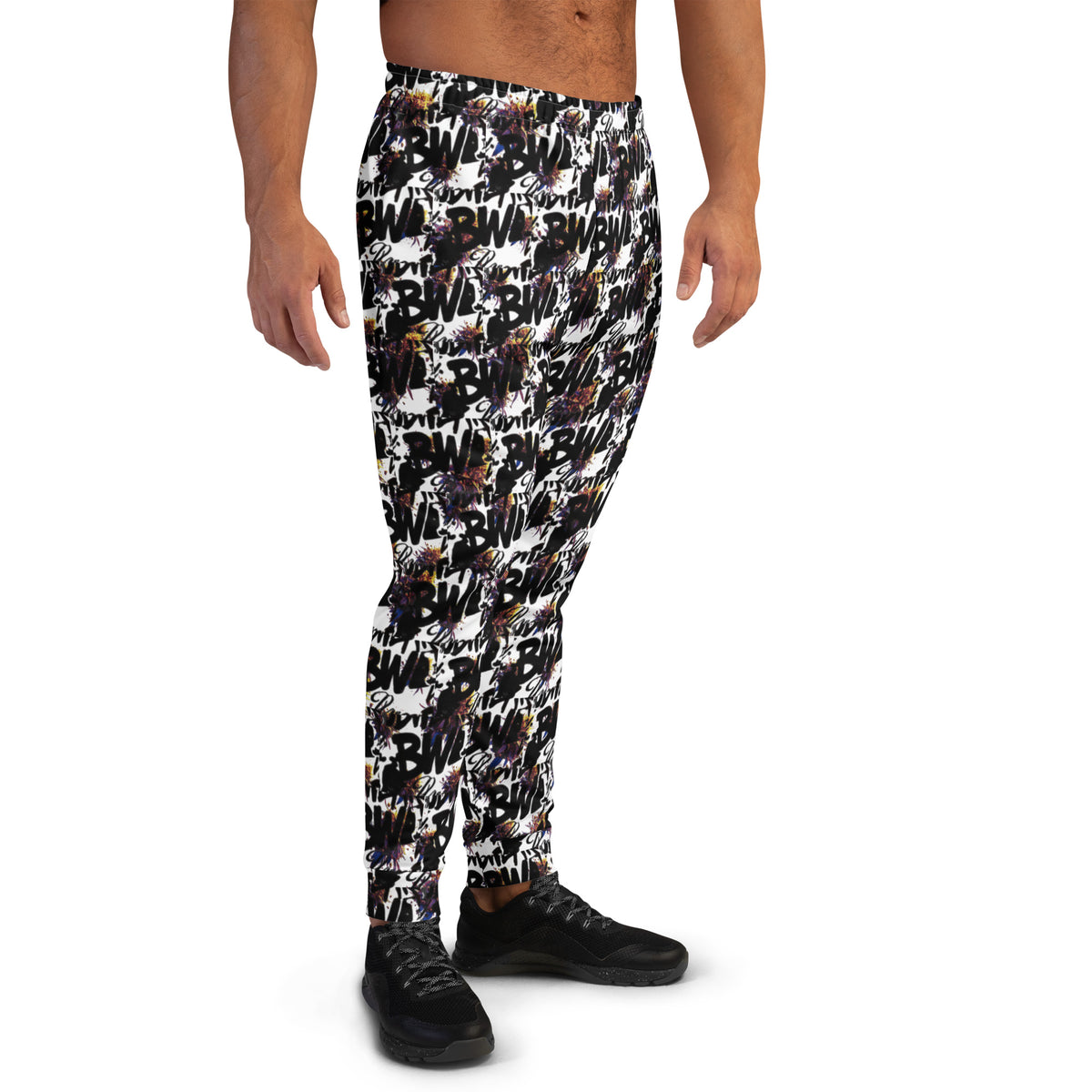 Men's white recycled cotton joggers by BudWear with all-over print, featuring a comfortable cut-sew design and casual style.