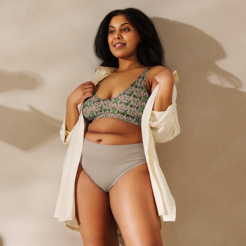 White BudWear Stativa bud design padded bikini top with all-over recycled print, featuring adjustable straps and padded cups.