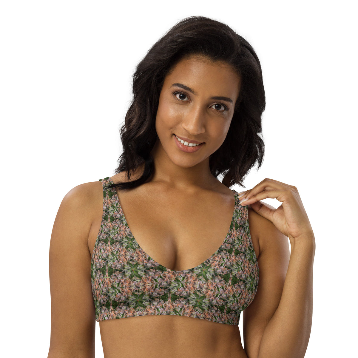 BudWear Stativa Bud Design Padded Bikini Top with all-over white print, featuring comfortable padding and supportive design.