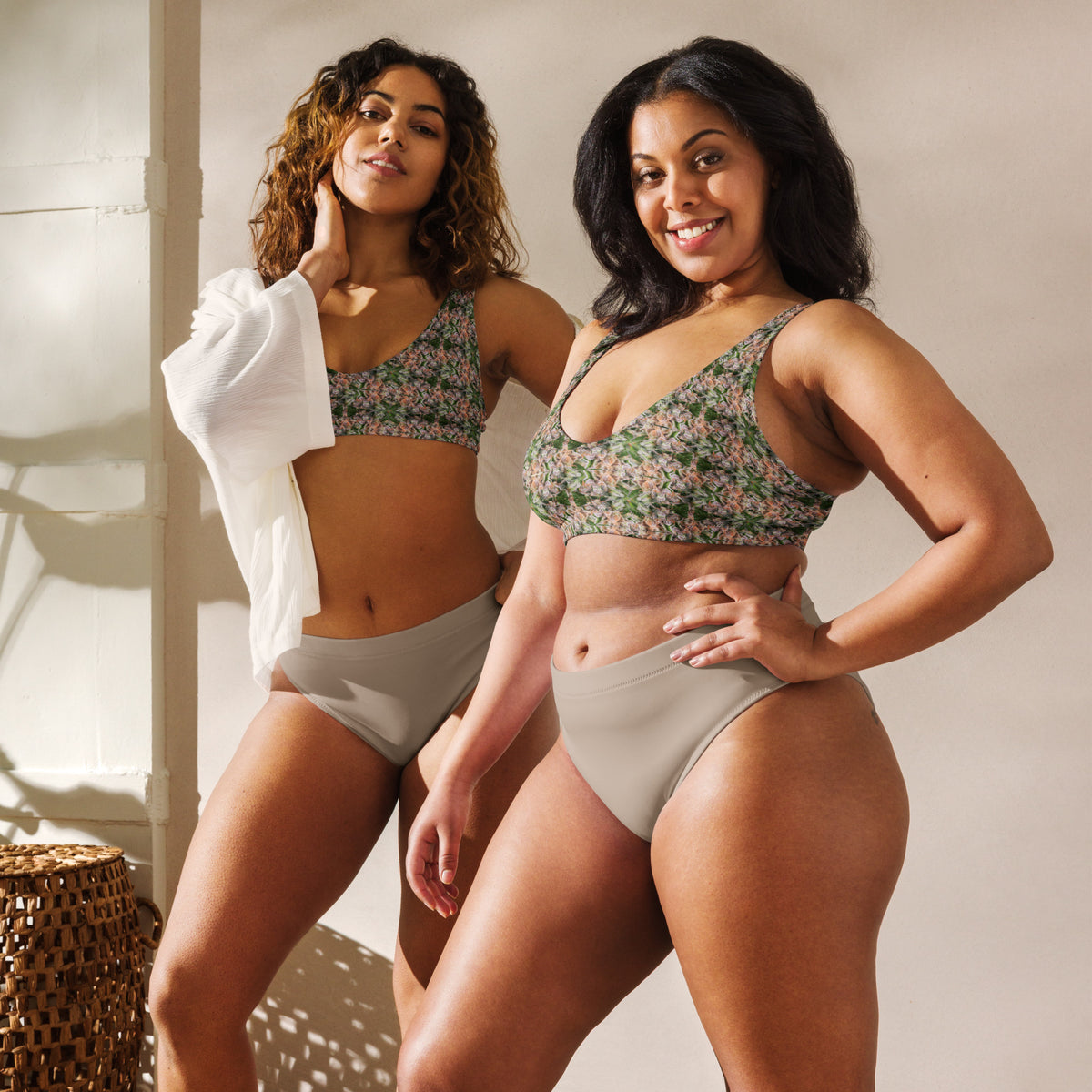 All-over-print white padded bikini top with bud-inspired design from BudWear, featuring a supportive, stylish bikini top for beachwear.