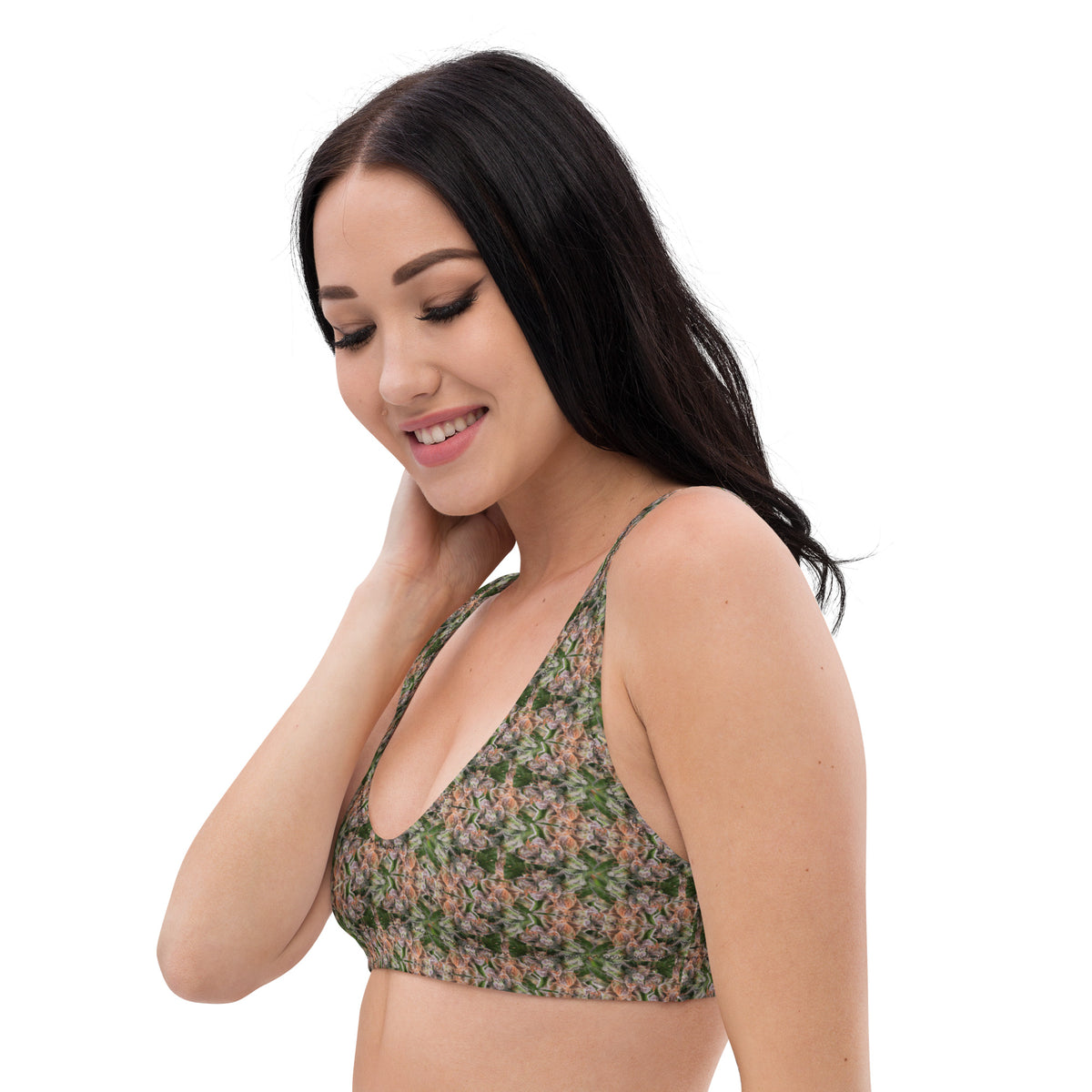 BudWear Stativa bud design padded bikini top with all-over white print and recycled material, front view.
