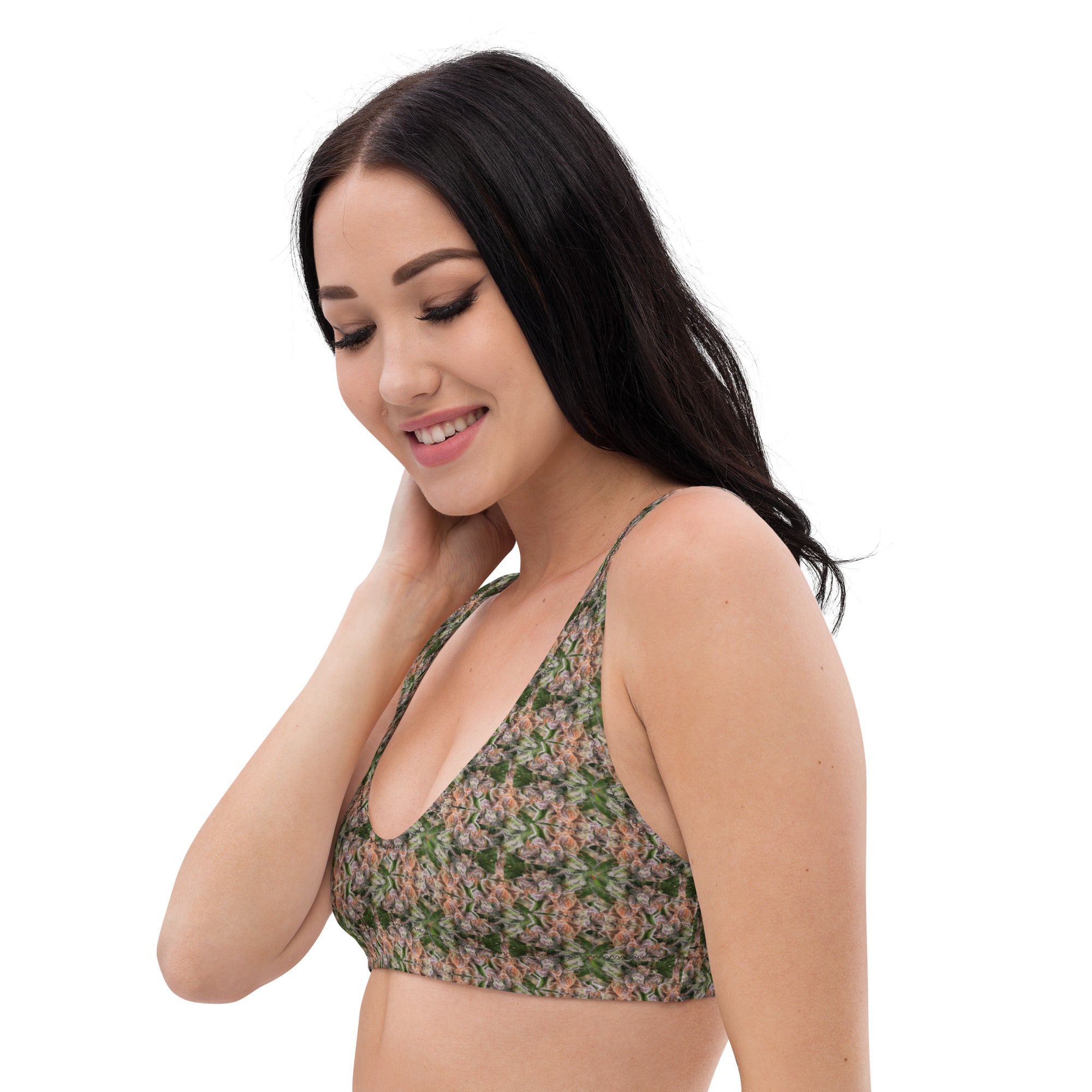 BudWear Stativa bud design padded bikini top with all-over white recycled print, front view, stylish and eco-friendly swimwear.