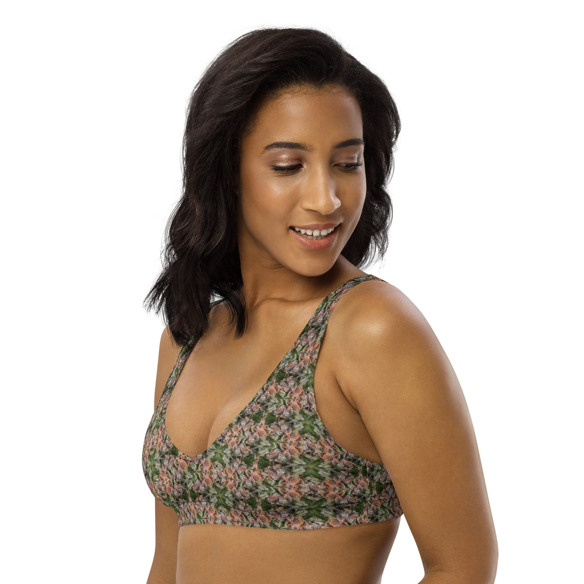 All-over white recycled padded bikini top with bud design from BudWear, showing front view with adjustable straps.