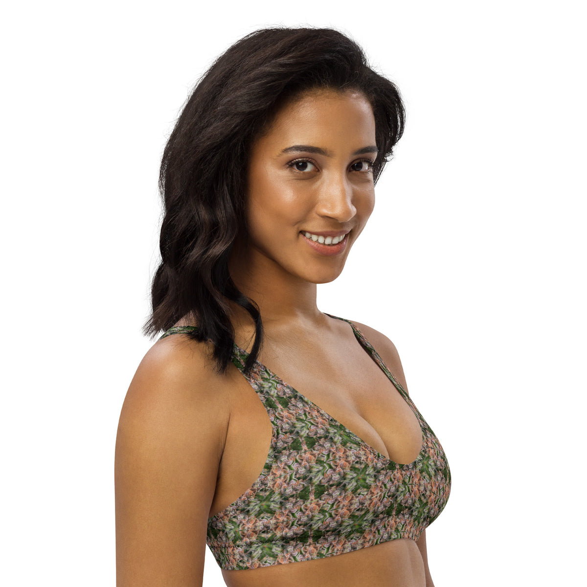 White BudWear Stativa bud design padded bikini top with all-over print, featuring recycled fabric and adjustable straps.