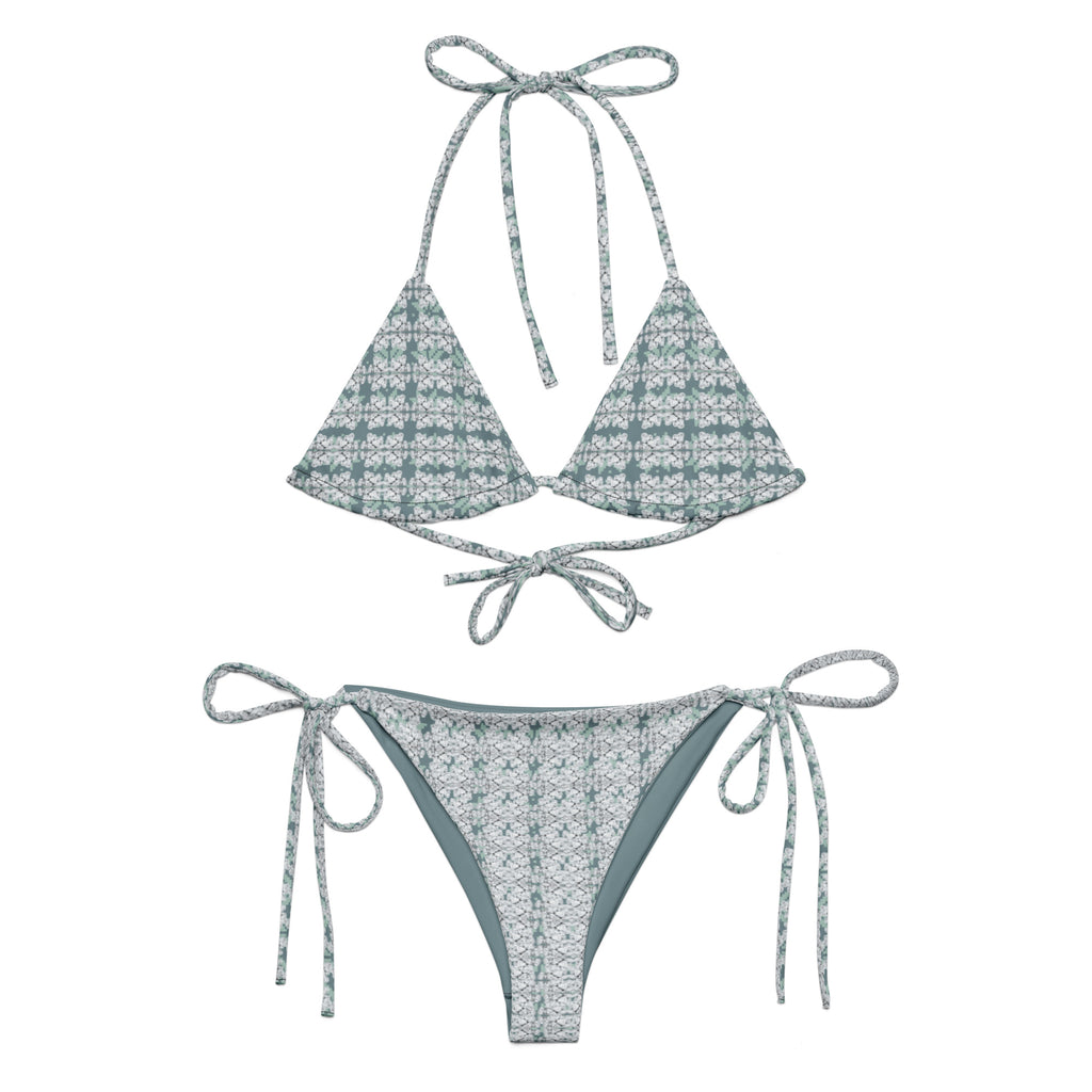 Fancy Canna-buds Snow-buddy string bikini with all-over white recycled print, front view showing adjustable string straps.
