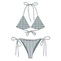Fancy Canna-buds Snow-buddy string bikini with all-over white recycled print, front view showing adjustable string straps.