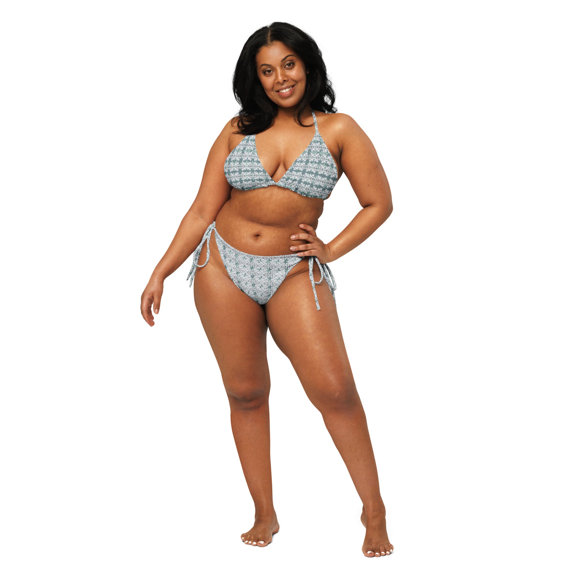 White Fancy Canna-buds Snow-buddy string bikini with all-over print, featuring a stylish cut-sew design, front view.