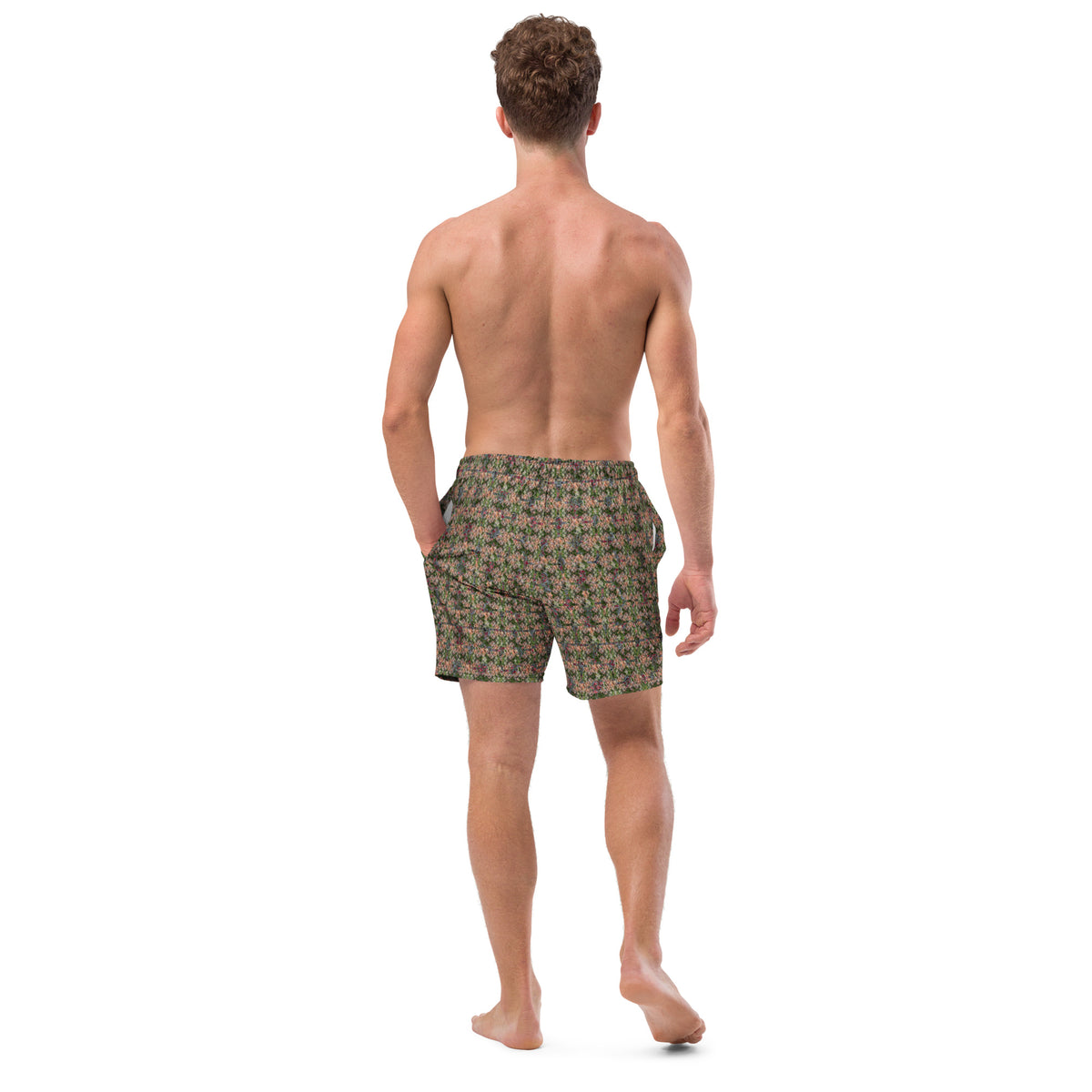 Men's Cannabis Print Swim Trunks by BudWear with all-over green cannabis leaf pattern on white recycled fabric.