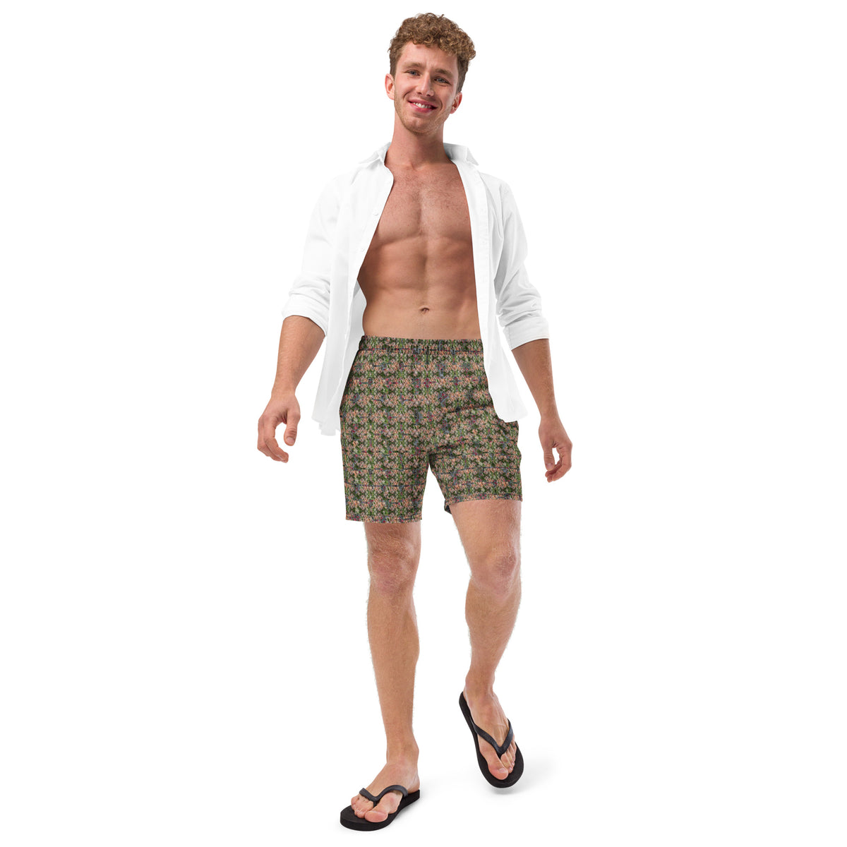 Men's cannabis print swim trunks by BudWear with all-over green cannabis leaf design on white recycled fabric.