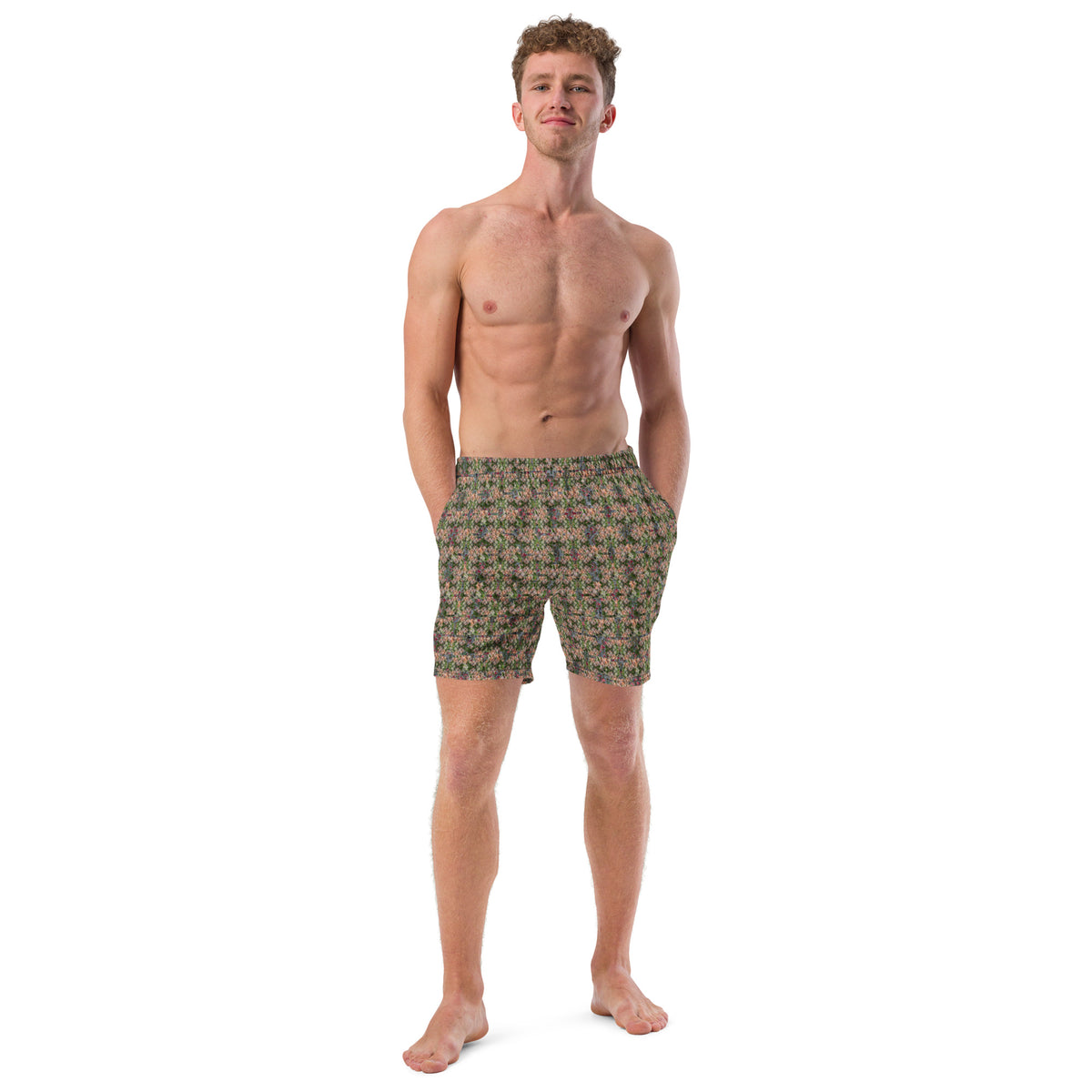 Men's white cannabis print swim trunks by BudWear with all-over recycled fabric, front view showing vibrant bud design.