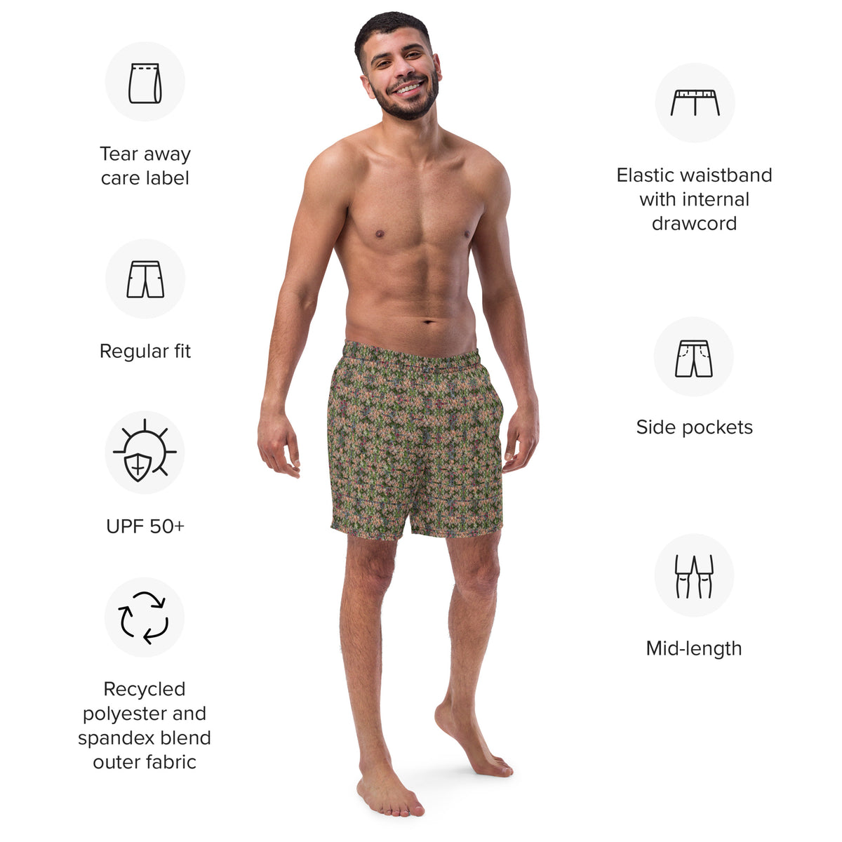 Men's Cannabis Print Swim Trunks by BudWear with all-over cannabis leaf design on recycled white fabric, front view.