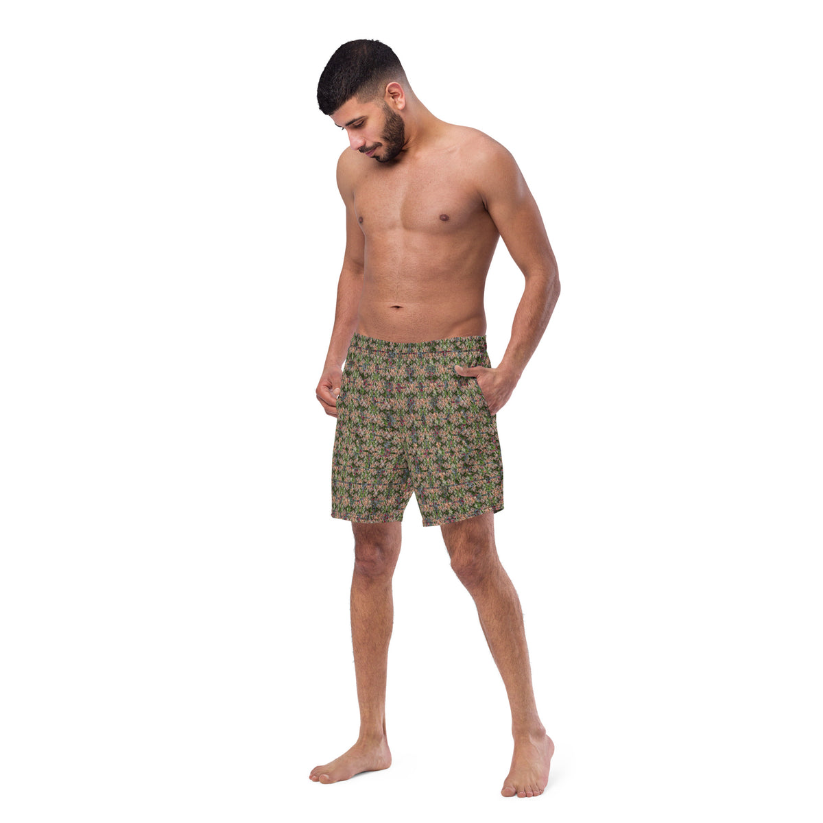 Men's cannabis print swim trunks by BudWear with all-over cannabis leaf design, recycled fabric, white background, front view.