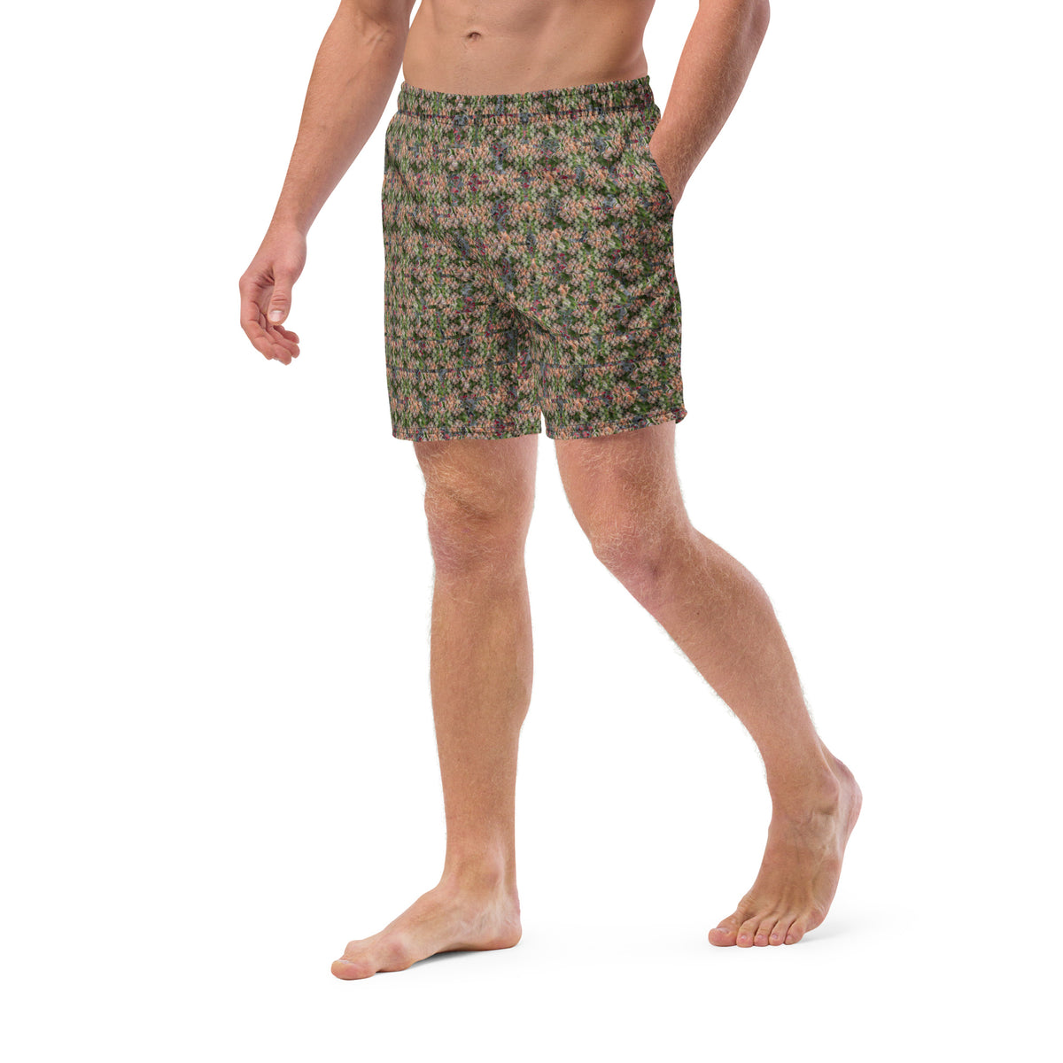 Men's cannabis print swim trunks by BudWear featuring all-over white recycled fabric with a playful cannabis leaf design.