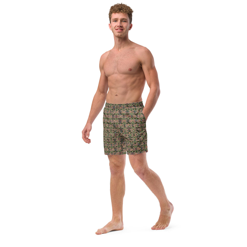 Buddy Swim Trunks by BudWear with all-over white recycled print, front view showing vibrant, eco-friendly swimwear design.