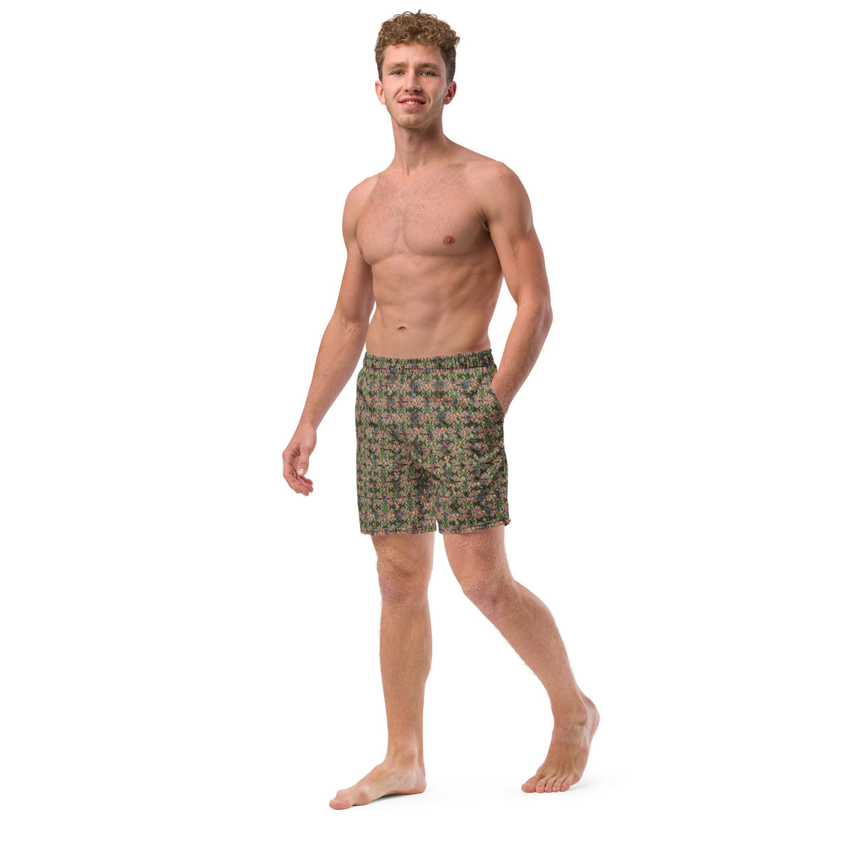 Men's cannabis print swim trunks by BudWear featuring a white all-over cannabis leaf design, front view, recycled fabric.
