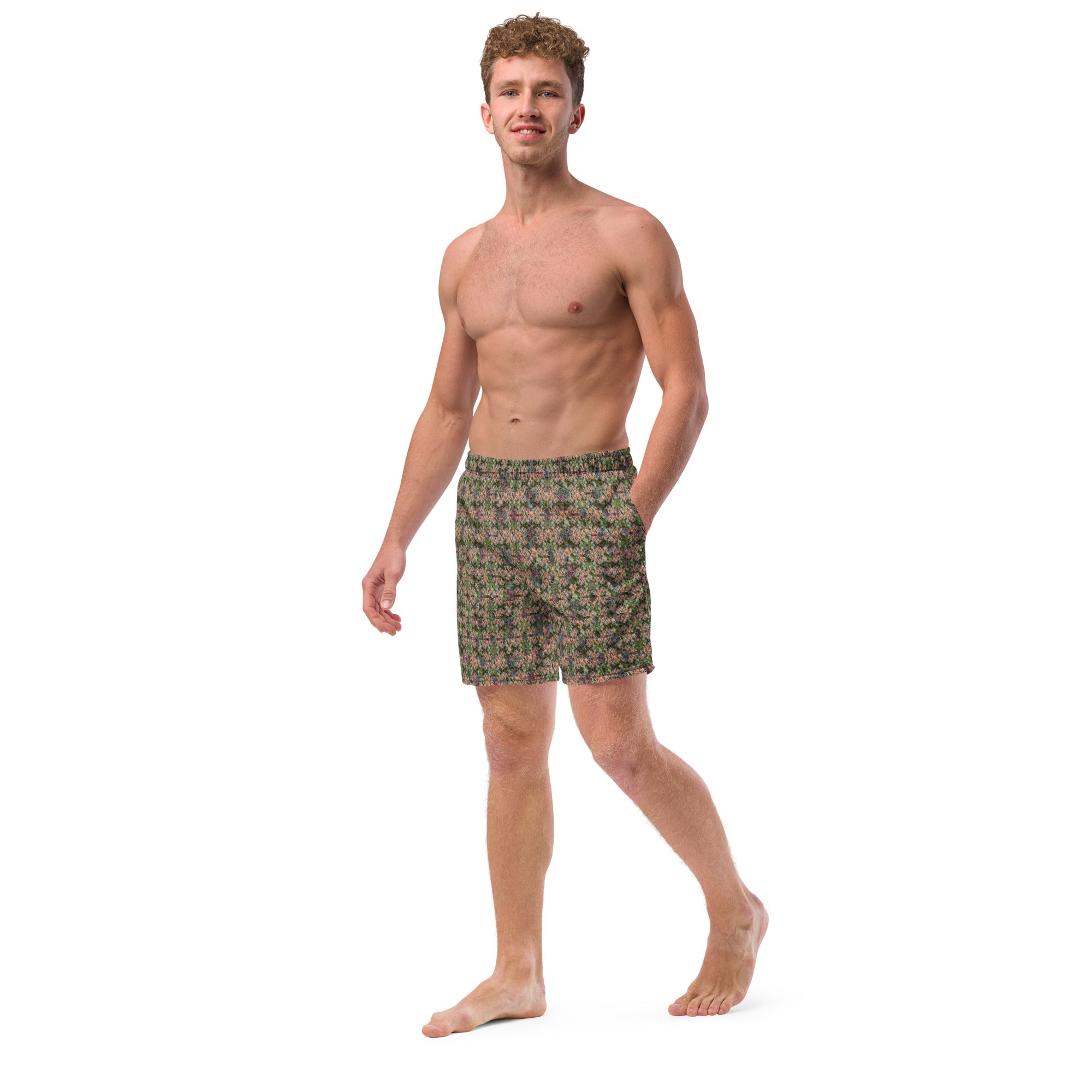 Buddy Swim Trunks by BudWear with all-over white recycled print, front view showing vibrant, eco-friendly swimwear design.