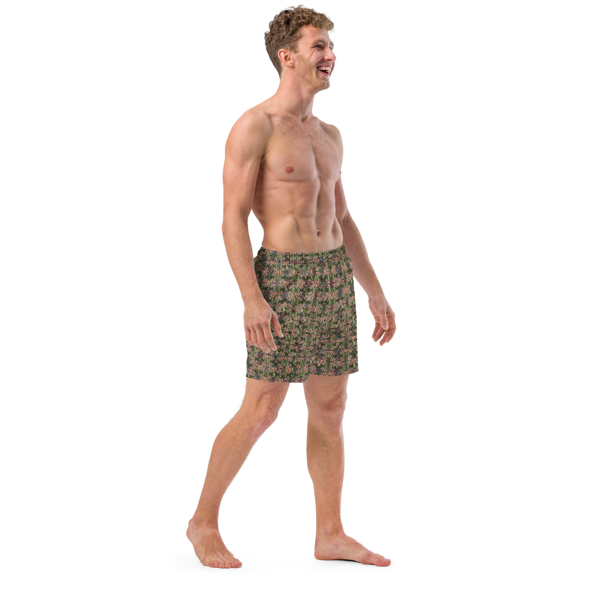 Men's cannabis print swim trunks by BudWear with all-over cannabis leaf pattern on white recycled fabric, front view.
