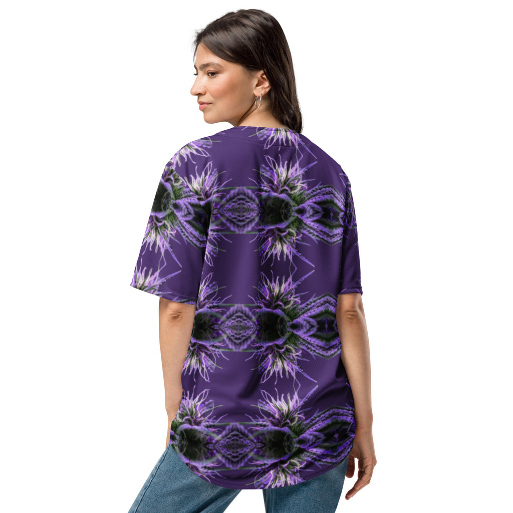Recycled purple BudWear baseball jersey with all-over print, white back, unisex design, casual sportswear for fans.