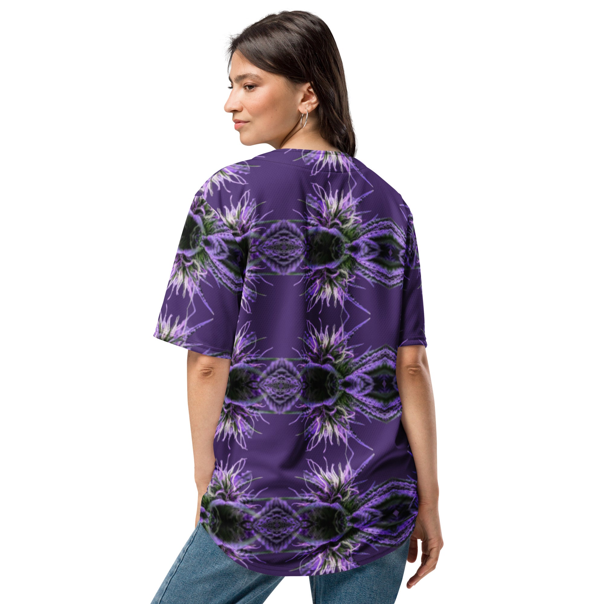 Recycled purple BudWear baseball jersey with all-over print, white back, unisex design, casual sportswear for fans.
