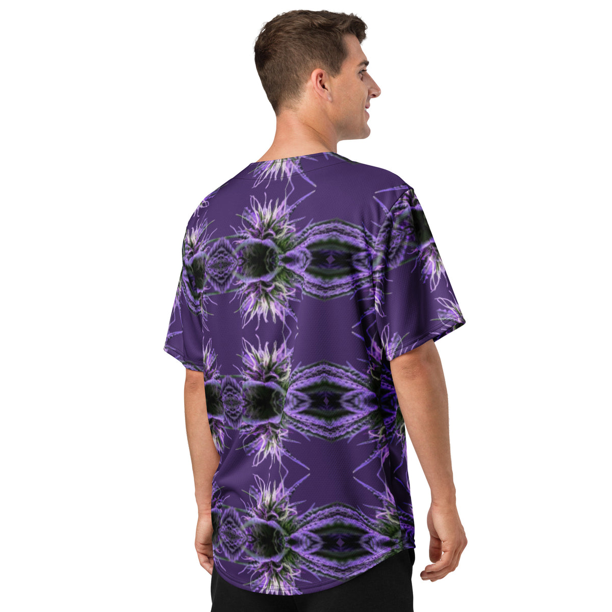Unisex purple baseball jersey by BudWear with all-over print, white back design, made from recycled materials.