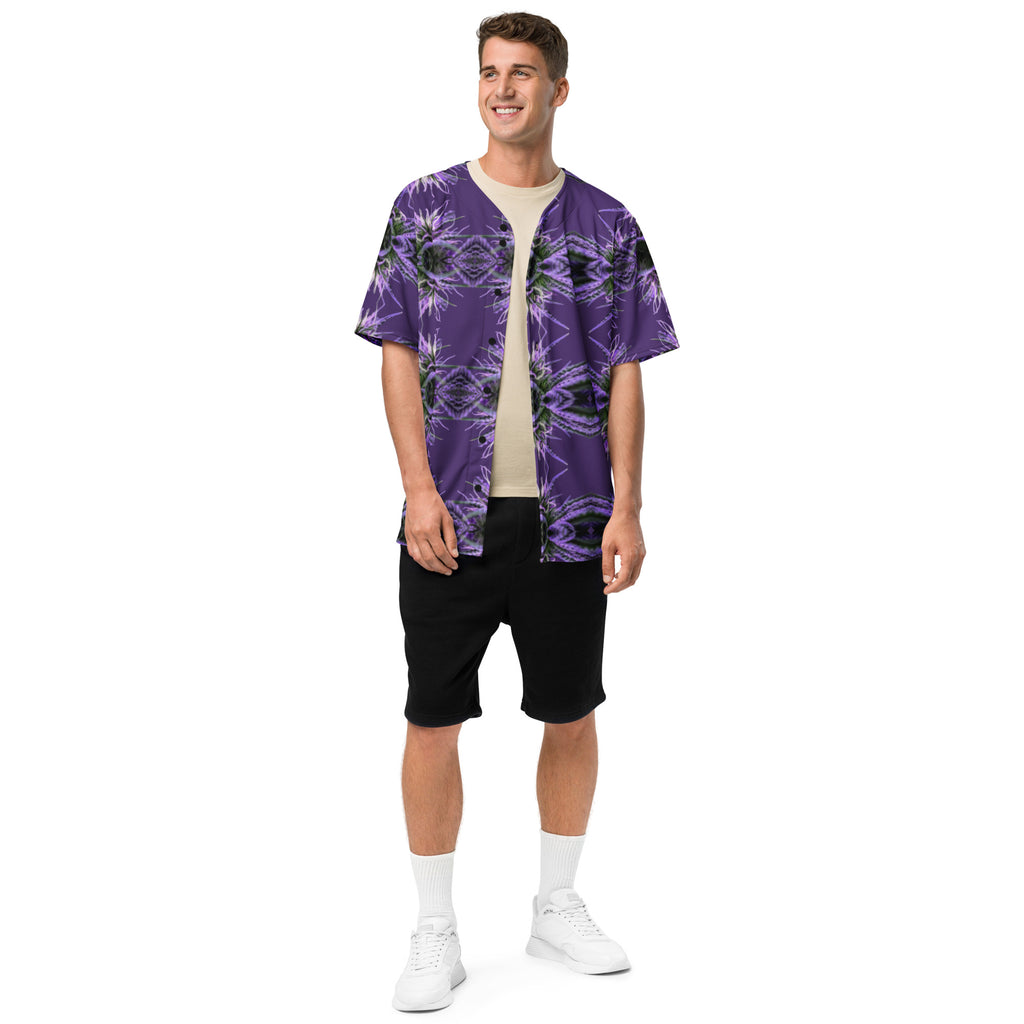 Unisex purple BudWear baseball jersey with all-over print, recycled fabric, white front, casual sportswear style.
