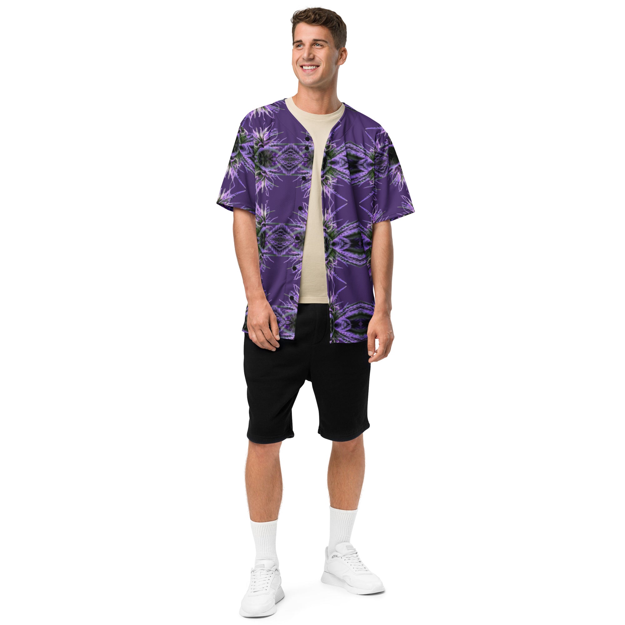 Unisex purple BudWear baseball jersey with all-over print, recycled fabric, white front, casual sportswear style.
