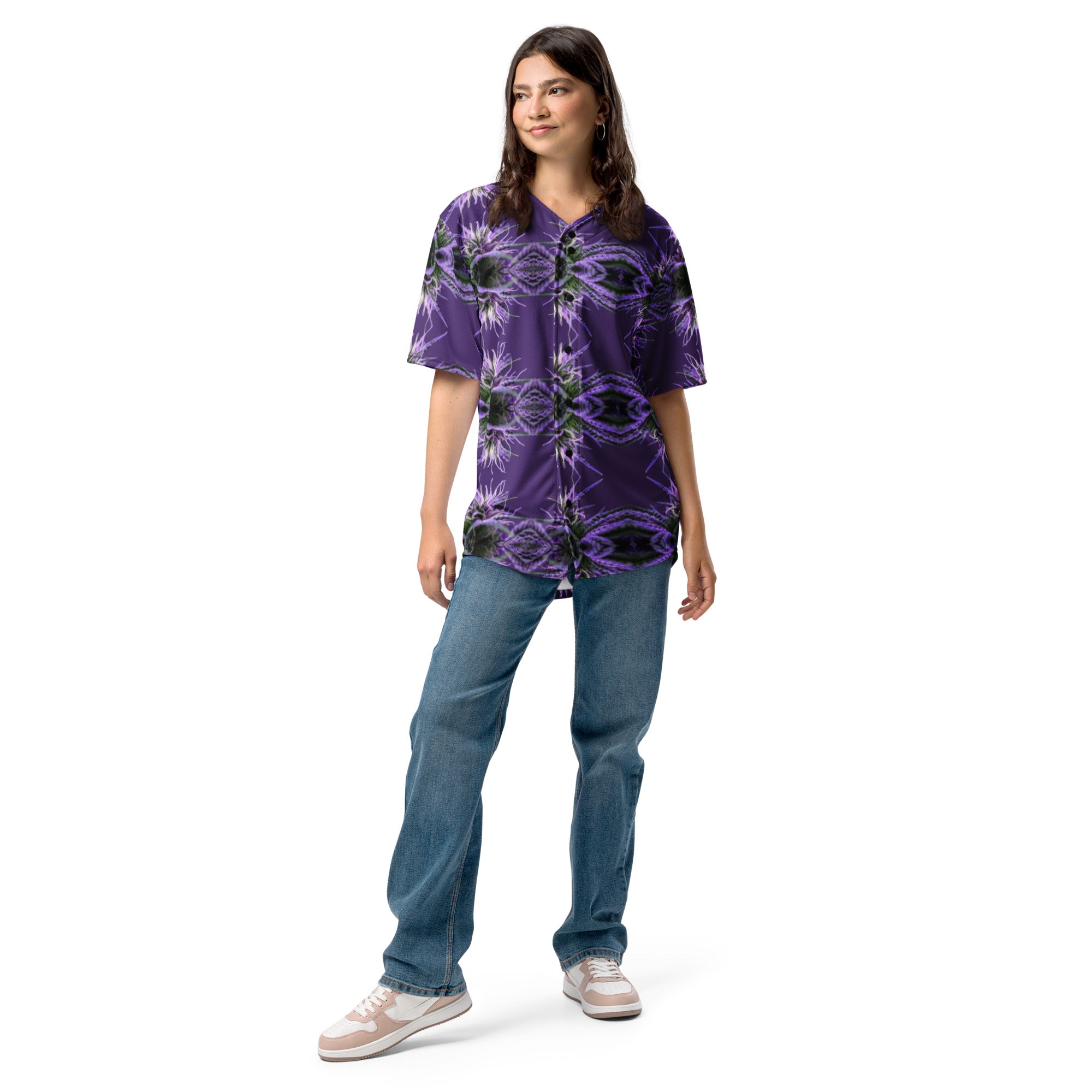Unisex purple BudWear baseball jersey with all-over white recycled print, front view, casual sportswear style.