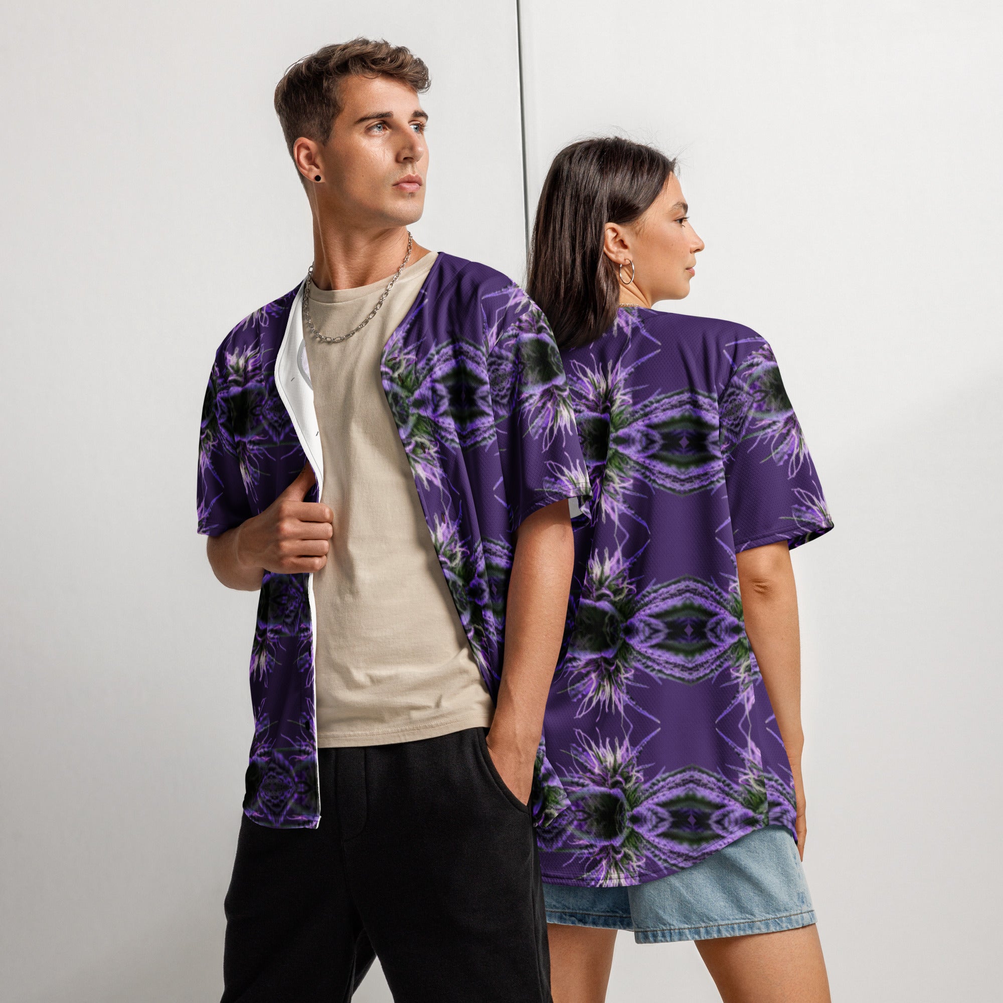 Recycled white unisex baseball jersey with purple Bud logo and all-over print, featuring front and back designs by BudWear.
