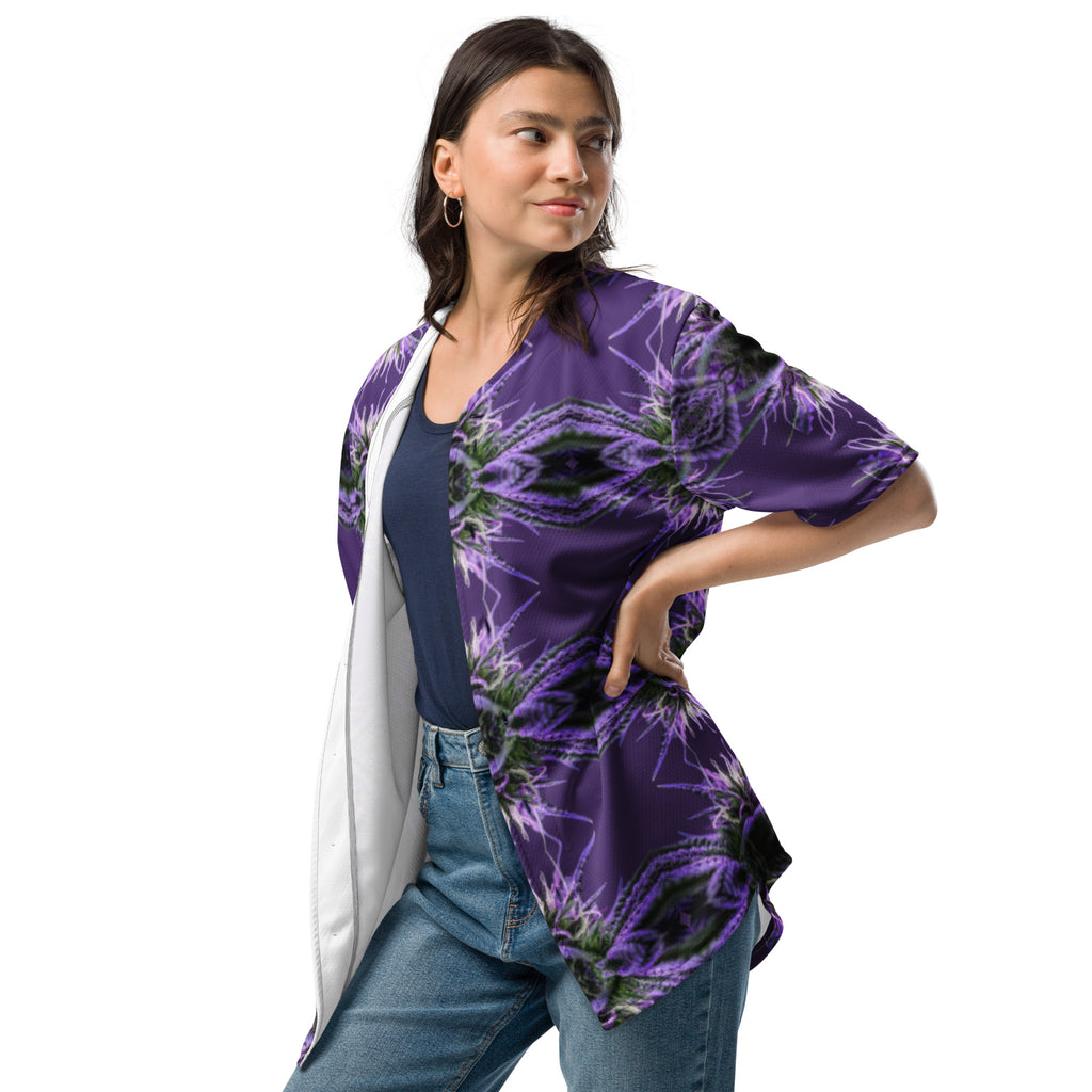 Purple Bud baseball jersey by BudWear, all-over-print recycled unisex design, white left front detail.