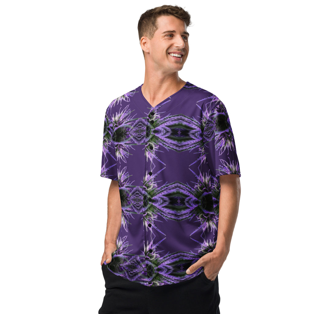 Purple Bud Baseball Jersey by BudWear with all-over print, unisex design, white background, left-front view.