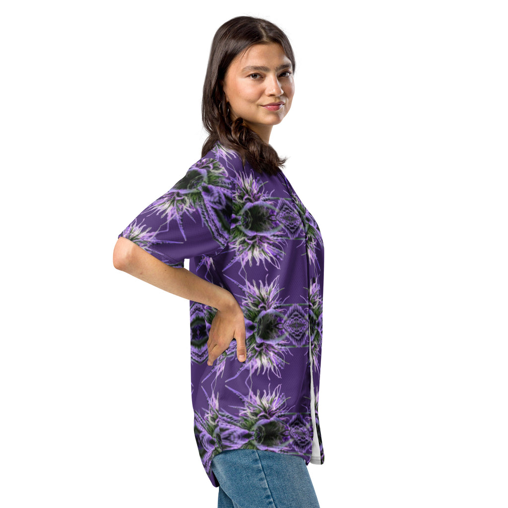 Purple Bud Baseball Jersey by BudWear with all-over recycled print, white background, right-front view, unisex design