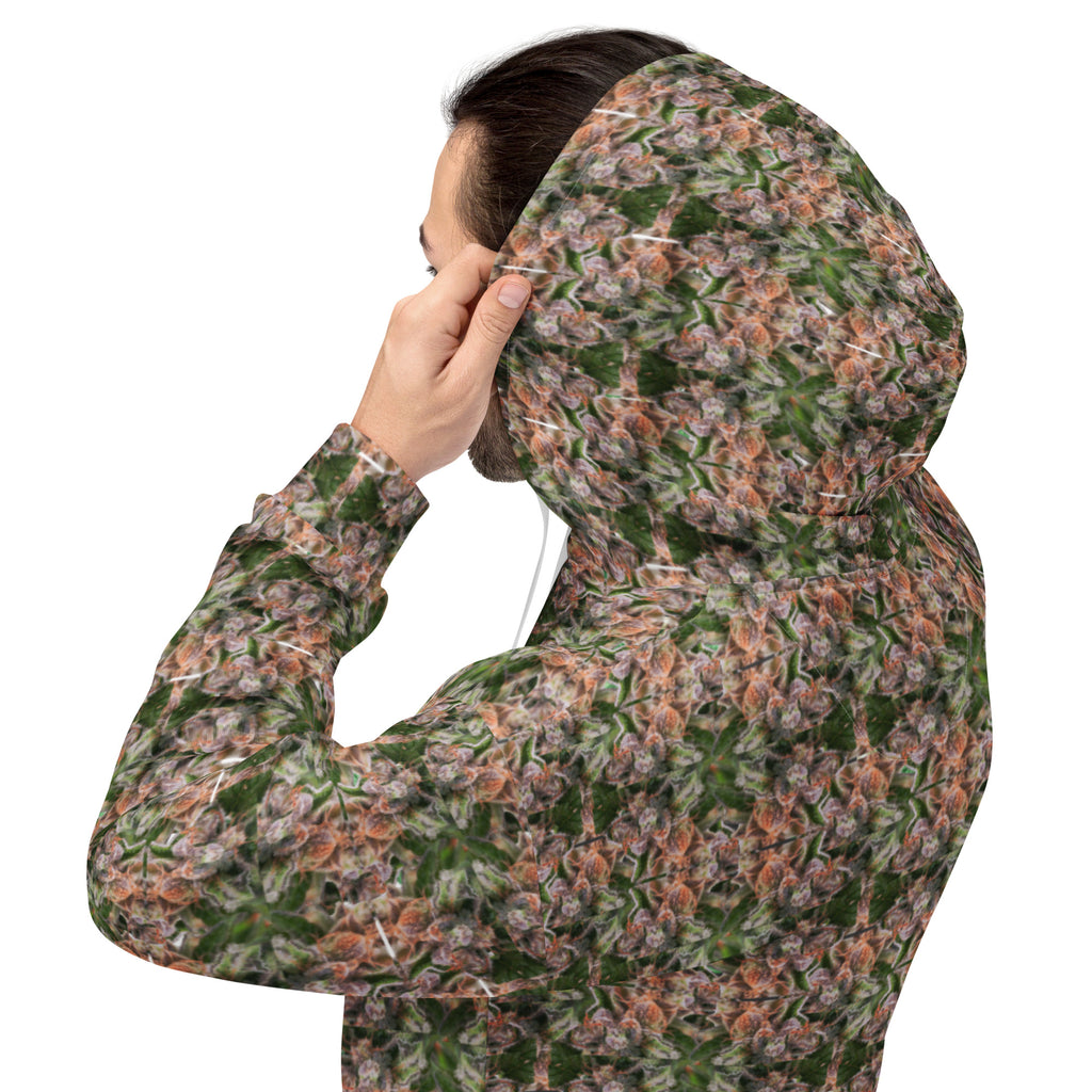 White Buddy Hoodie by BudWear, unisex recycled hoodie with all-over print, shown from the back.