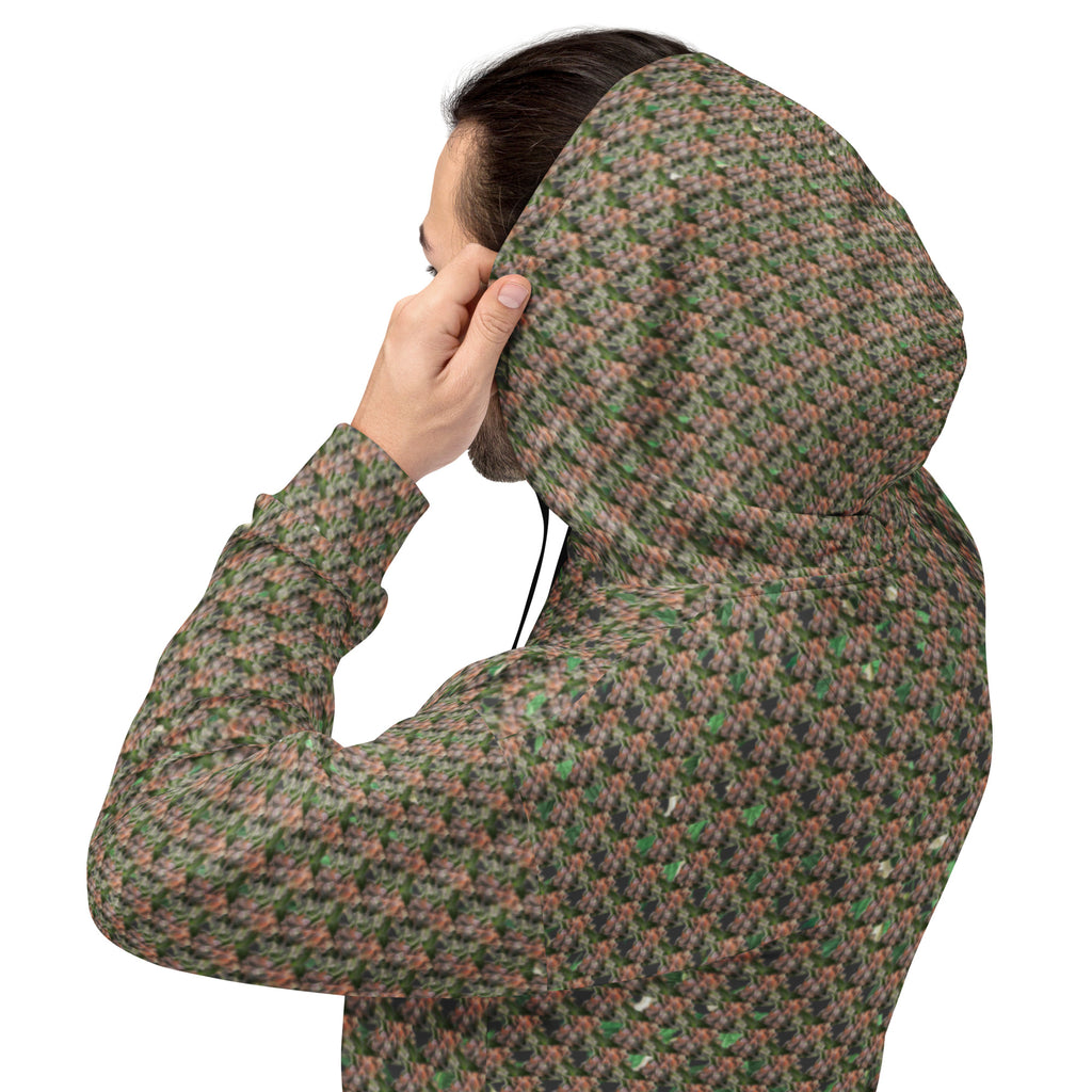 Brown-bud unisex hoodie by BudWear featuring all-over recycled print on white background, casual and eco-friendly fashion.