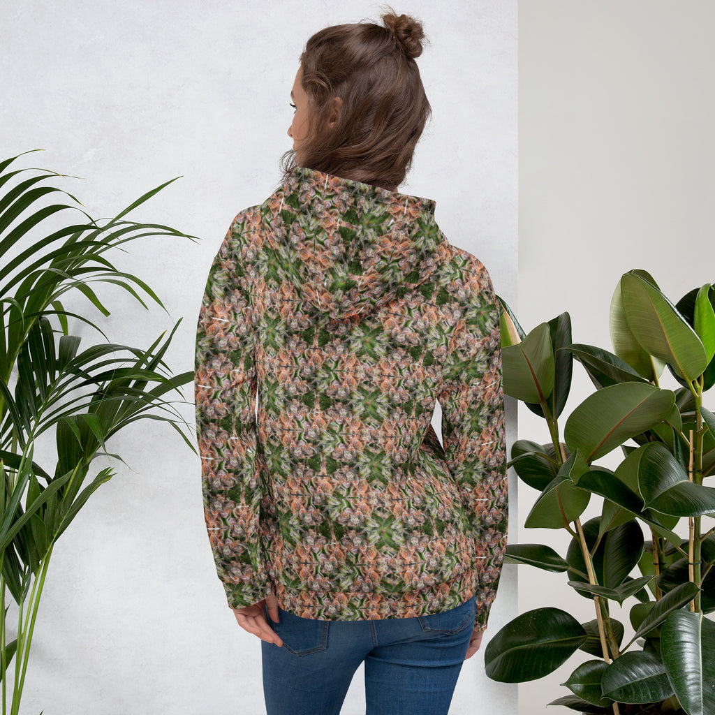 White Buddy Hoodie by BudWear featuring all-over recycled print, unisex design, back view.