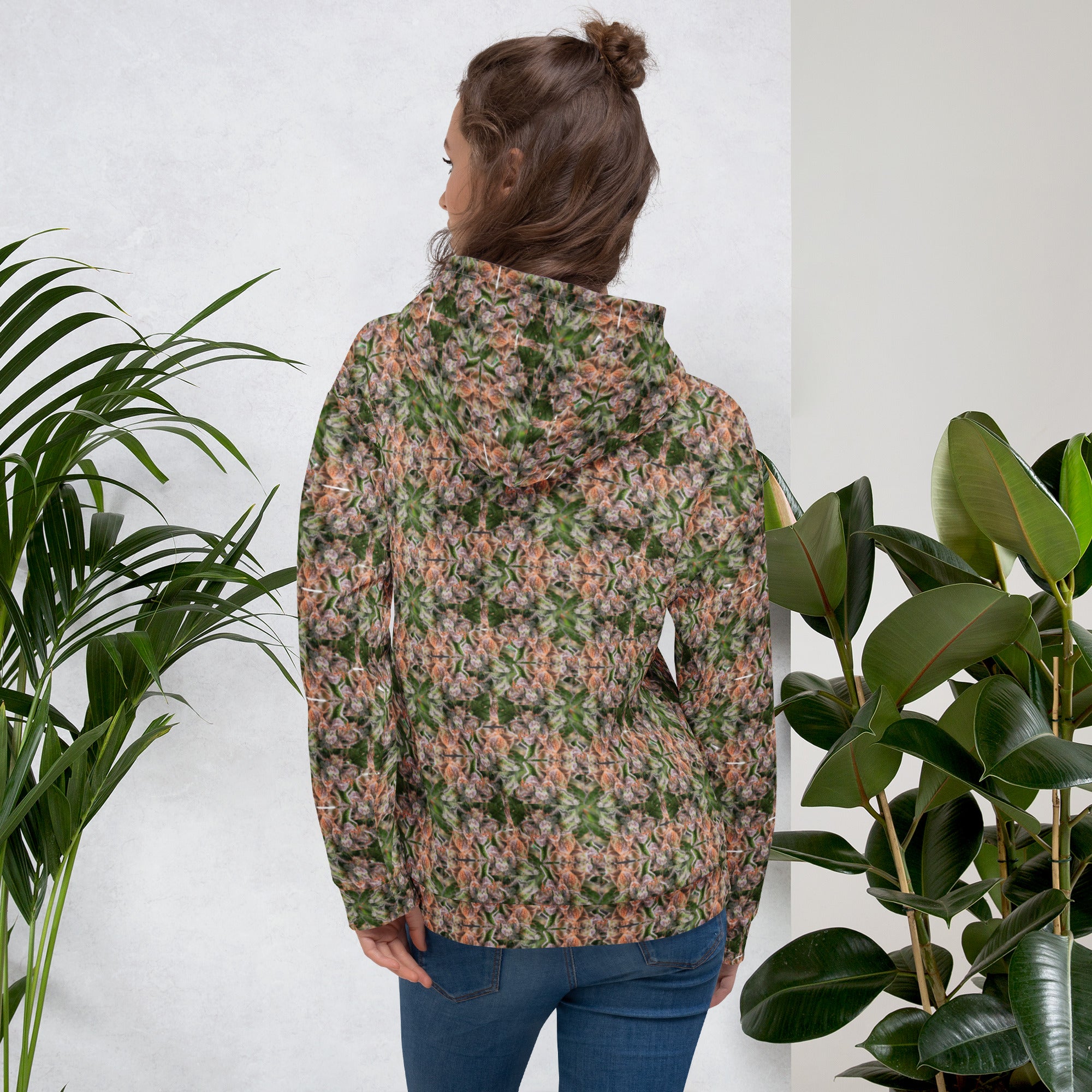 White Buddy Hoodie by BudWear featuring all-over recycled print, unisex design, back view.