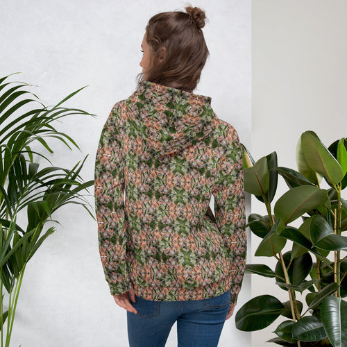 White Buddy Hoodie by BudWear featuring all-over recycled print, unisex design, back view.
