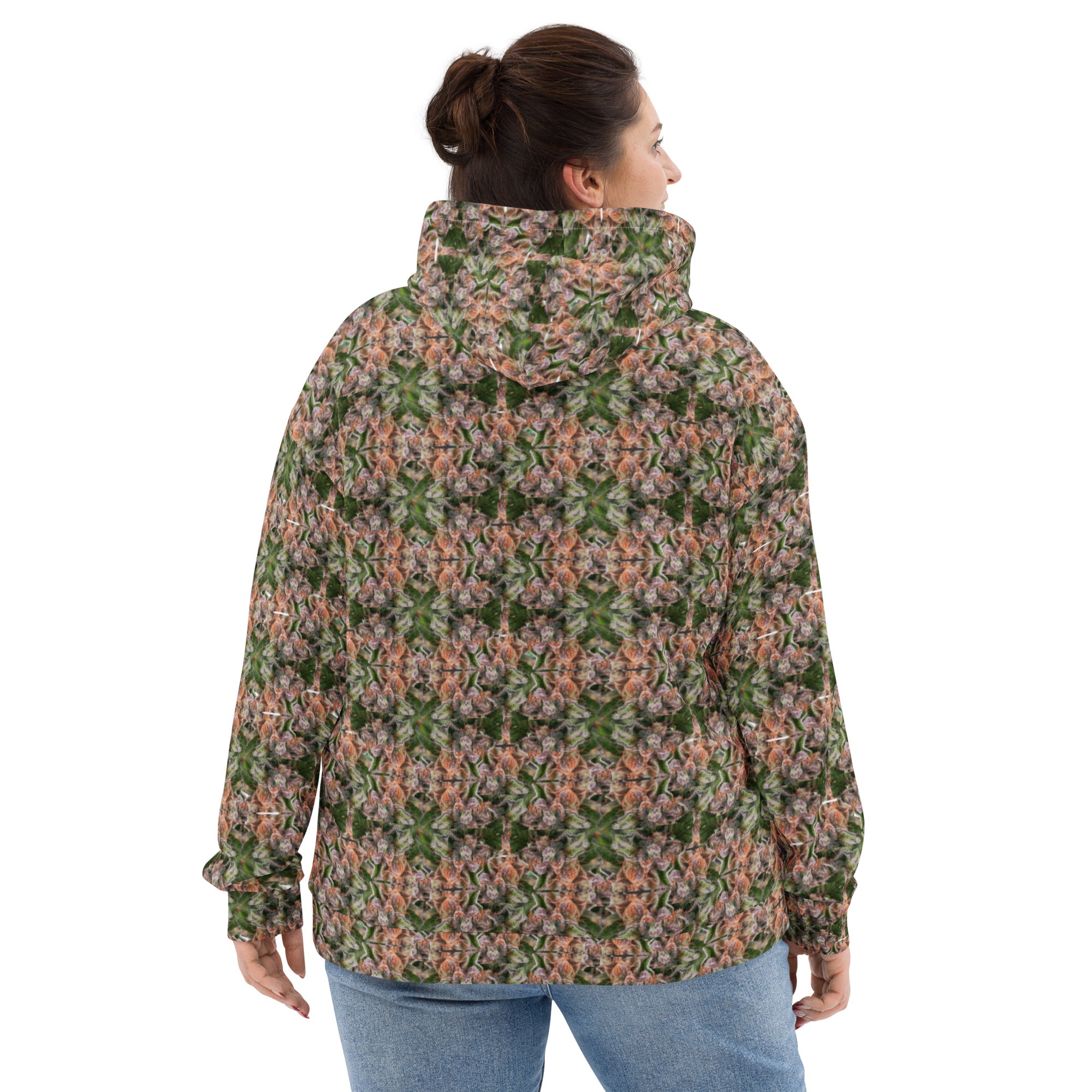 Unisex Buddy Hoodie by BudWear featuring all-over print on a white recycled fabric hoodie, shown from the back.