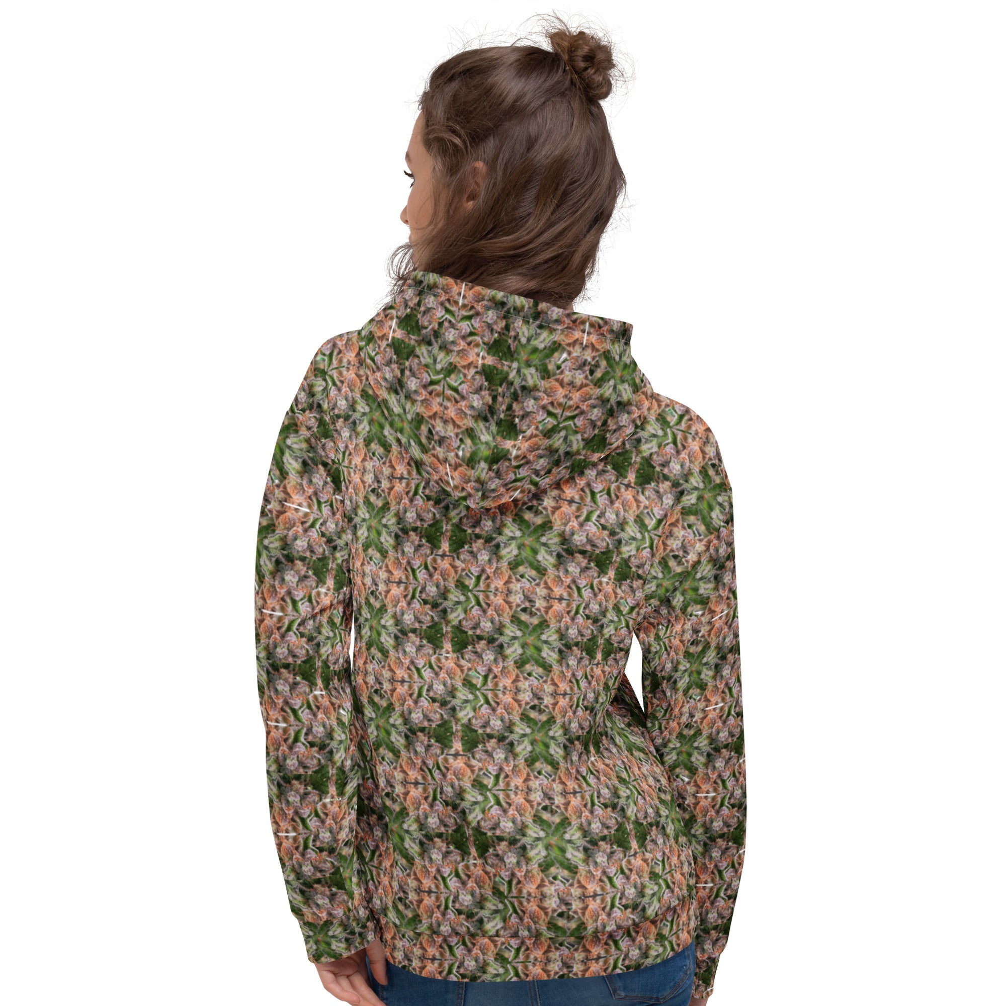 White Buddy Hoodie by BudWear, all-over recycled print, unisex design shown from the back.
