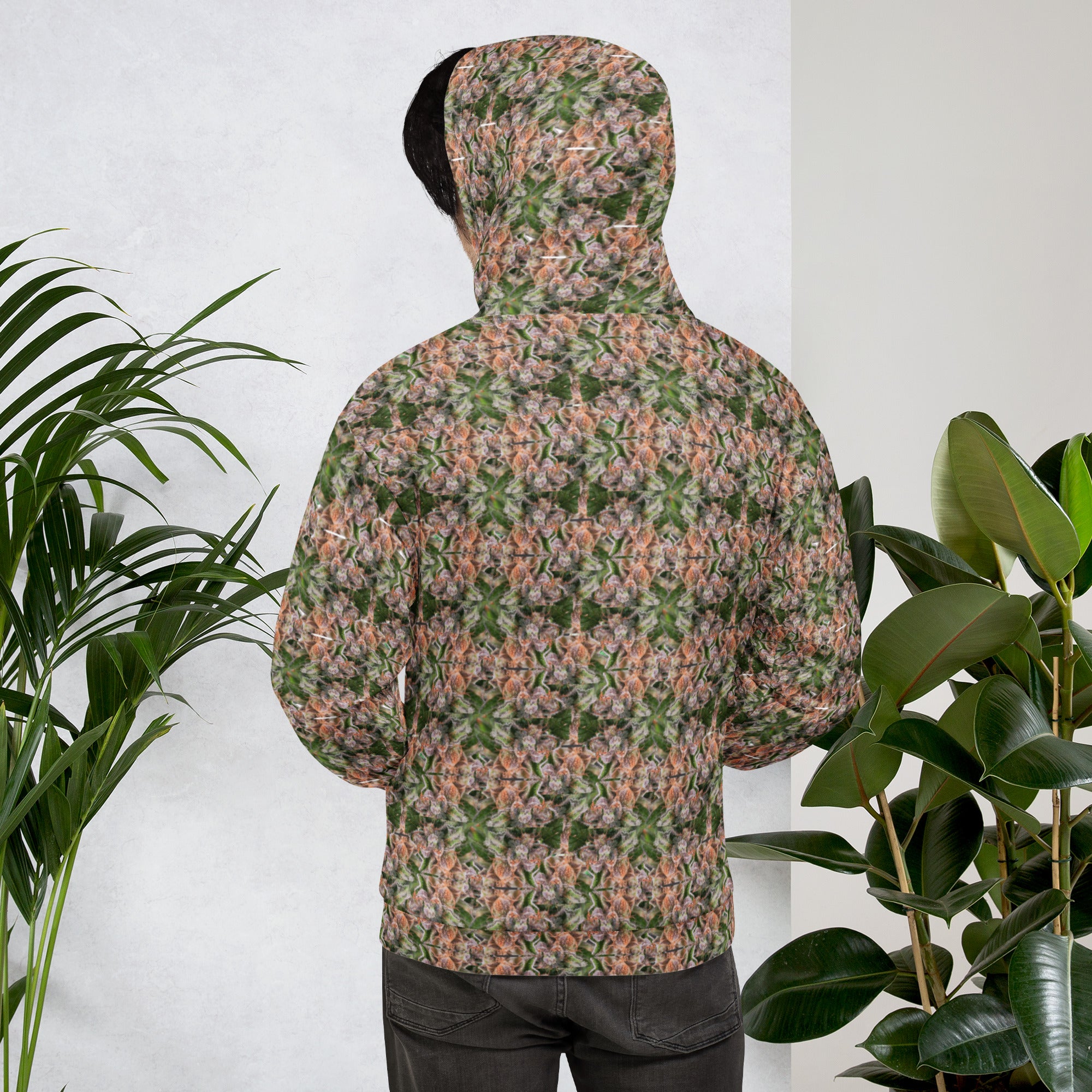 White Buddy Hoodie by BudWear, all-over-print recycled unisex hoodie showing the back view with colorful design.
