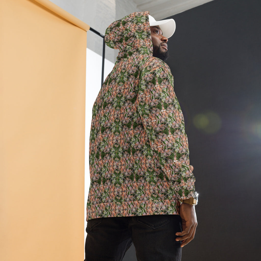 Unisex Buddy Hoodie by BudWear with all-over recycled print, white background, casual fit, and comfortable hoodie design.
