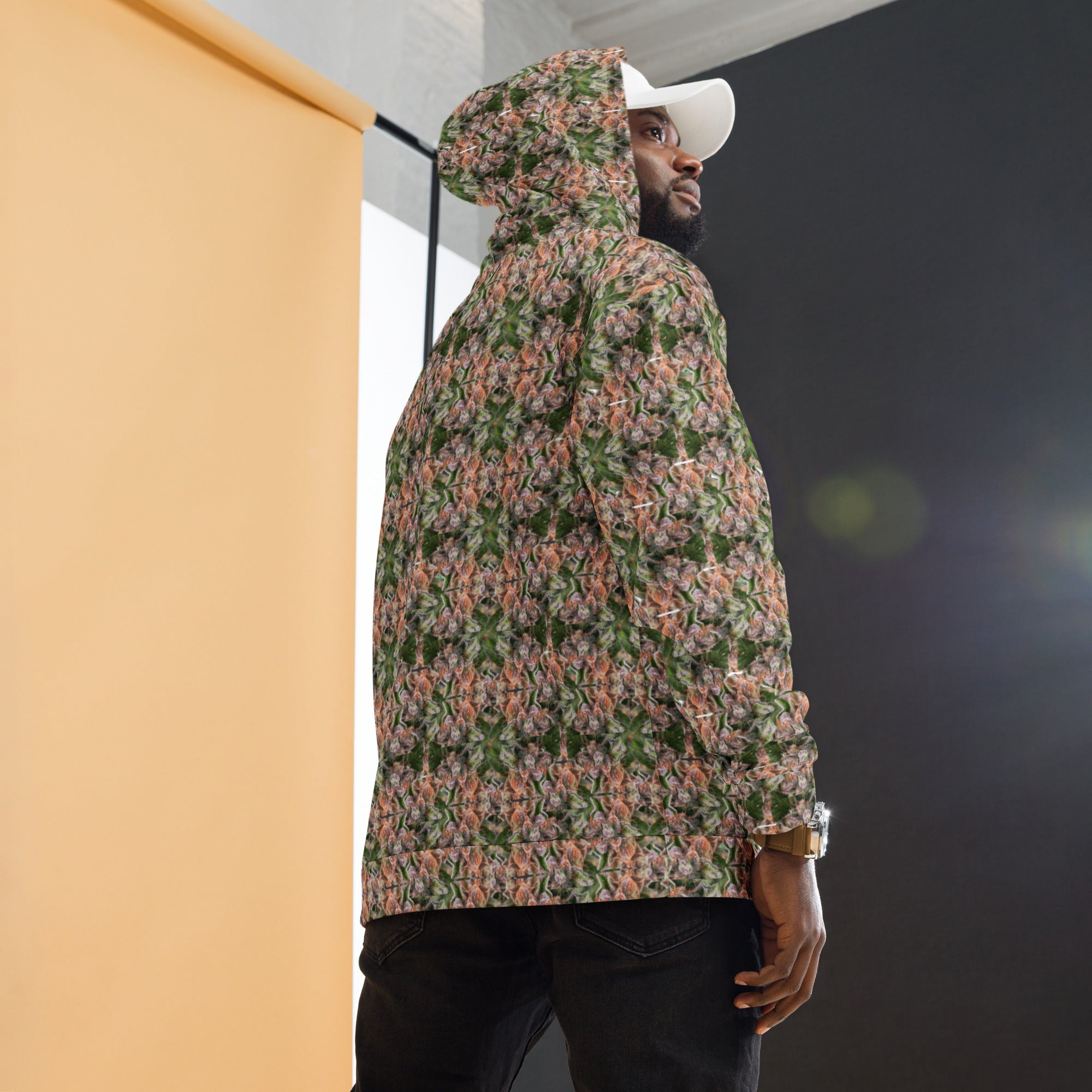 Unisex Buddy Hoodie by BudWear with all-over recycled print, white background, casual fit, and comfortable hoodie design.