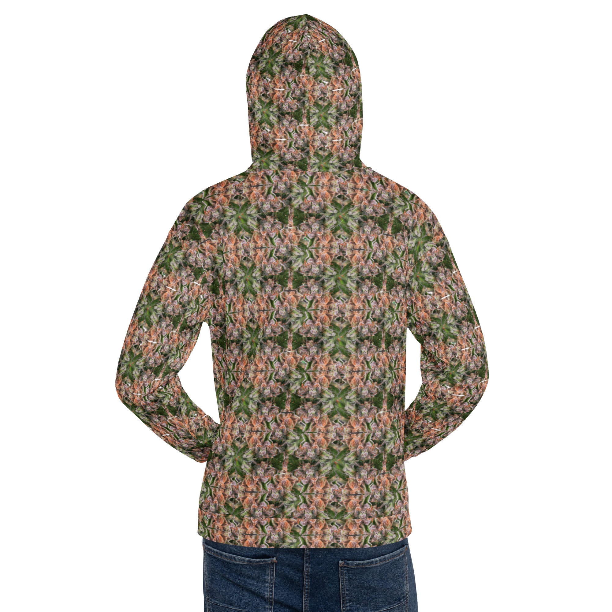 White Buddy Hoodie by BudWear featuring all-over recycled print, unisex design, shown from the back.