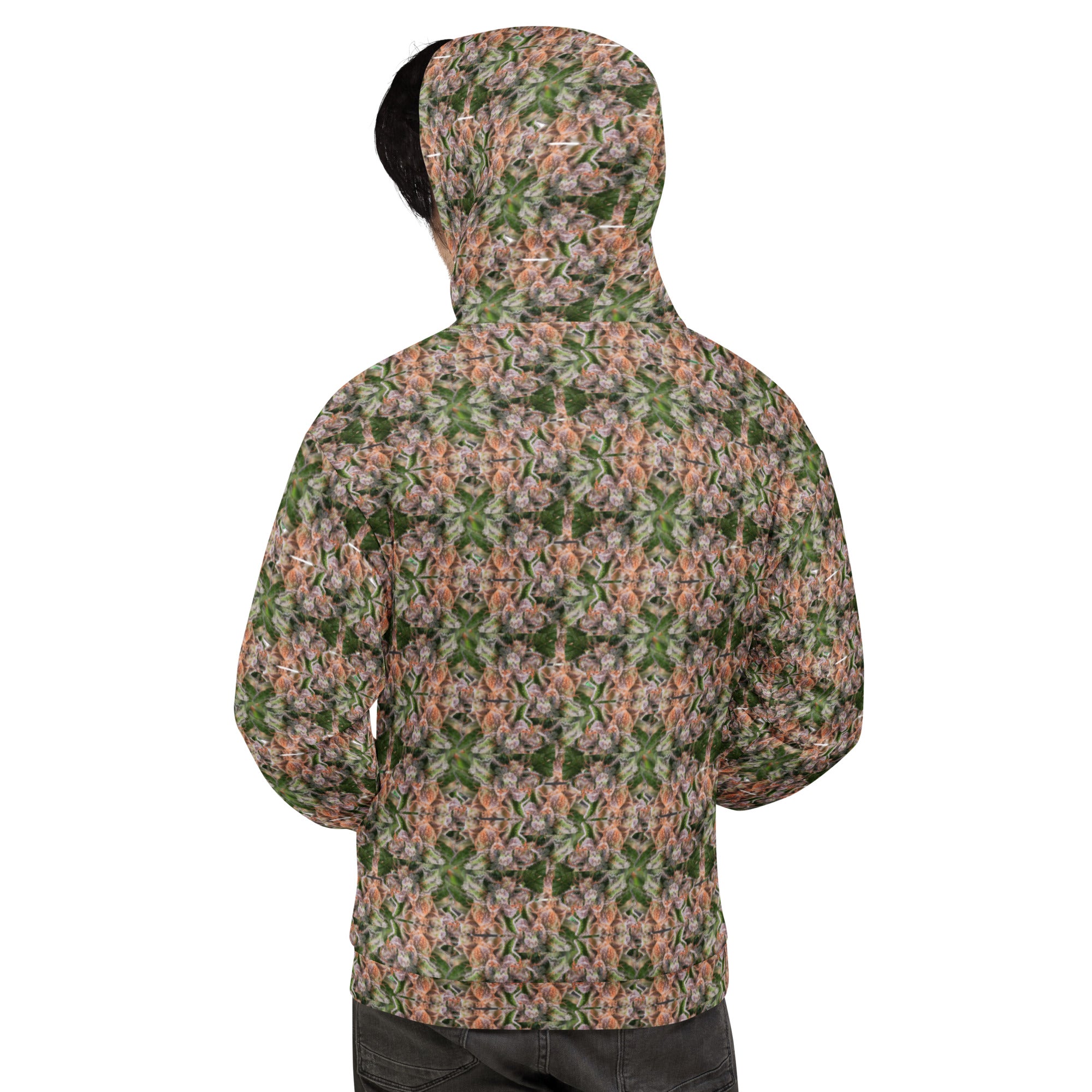 White Buddy Hoodie by BudWear featuring all-over recycled print, shown from the back. Unisex casual hoodie with vibrant design.