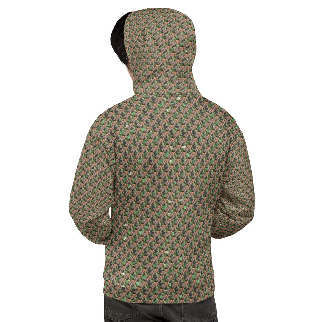 Unisex Brown-bud hoodie by BudWear featuring all-over recycled print on a white background, back view of the casual sweatshirt.