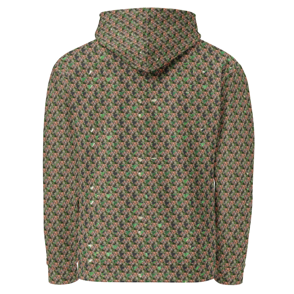 All-over print recycled white unisex hoodie by BudWear featuring brown bud design on the back, casual and eco-friendly style.