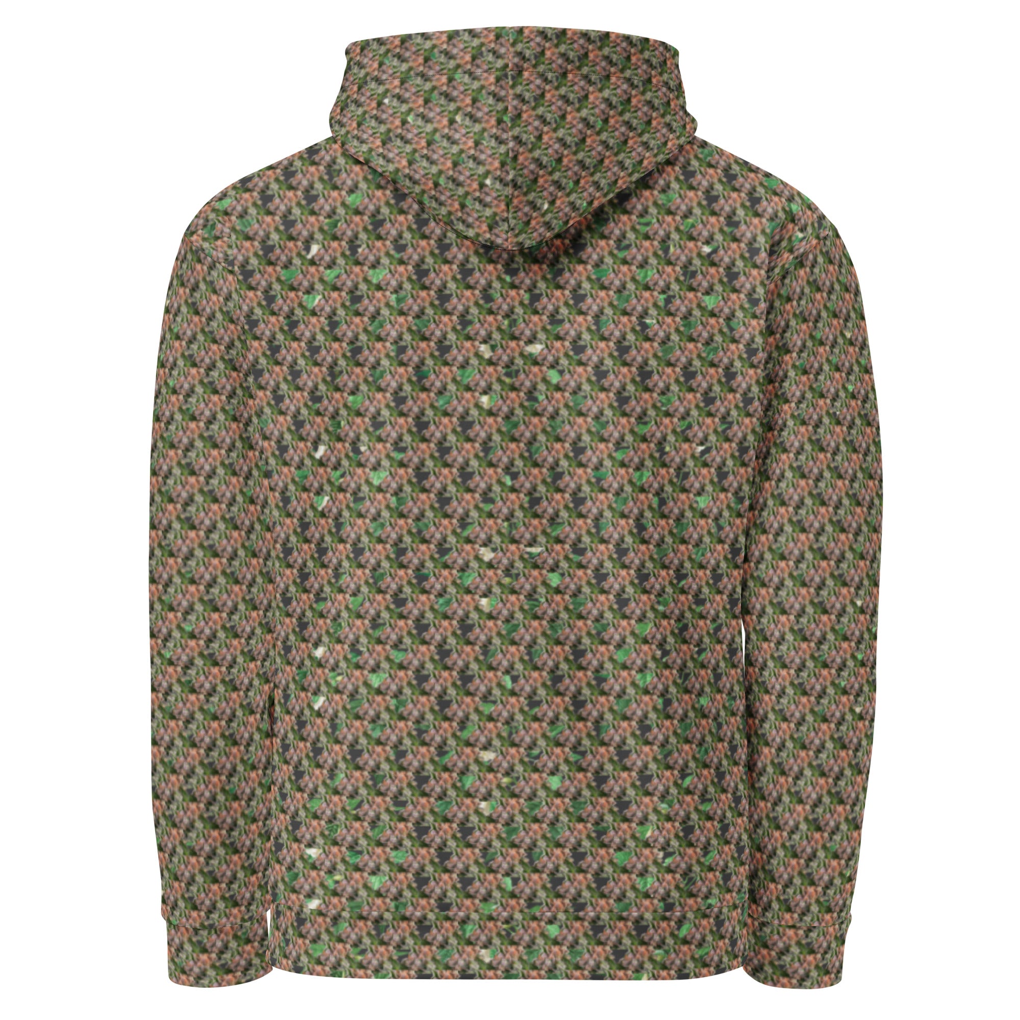 All-over print recycled white unisex hoodie by BudWear featuring brown bud design on the back, casual and eco-friendly style.