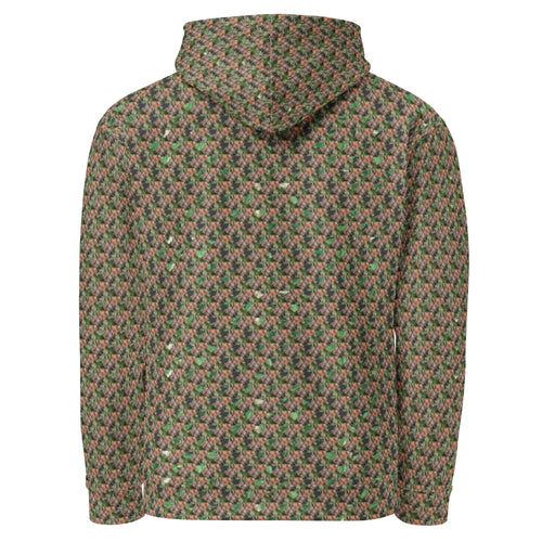 All-over print recycled white unisex hoodie by BudWear featuring brown bud design on the back, casual and eco-friendly style.