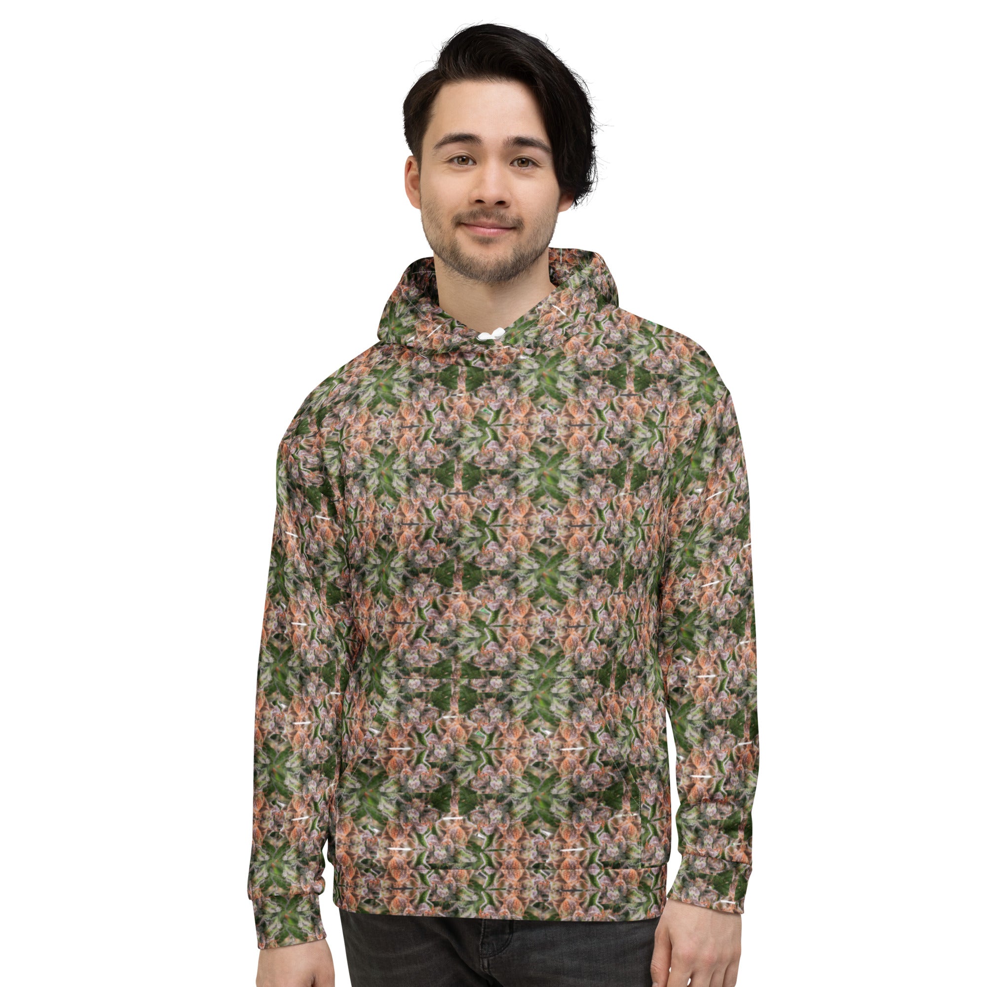 White unisex hoodie with all-over Buddy Streetwear design by BudWear, featuring vibrant recycled fabric print on the front.